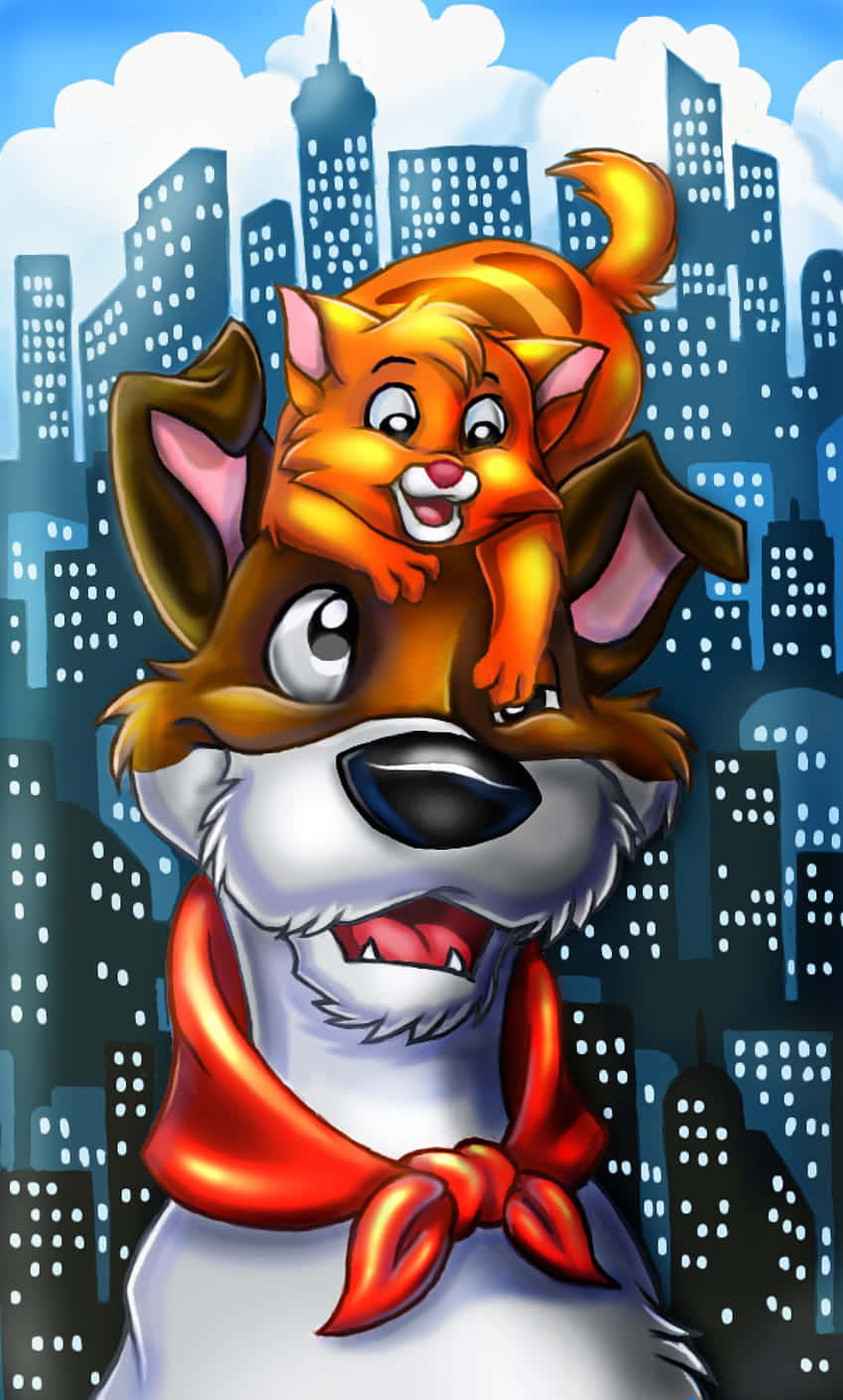 oliver and company 桌布 壁紙 — 一隻戴著紅色圍巾的開心卡通狗，背著一隻微笑的橙色貓咪，背景是城市天際線。
