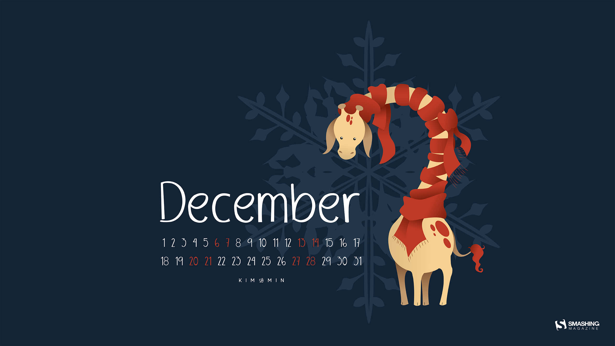 Cute December 桌布 壁紙 — 一隻戴著紅色圍巾的風格化長頸鹿站在十二月日曆旁邊，背景是深藍色帶有雪花圖案。