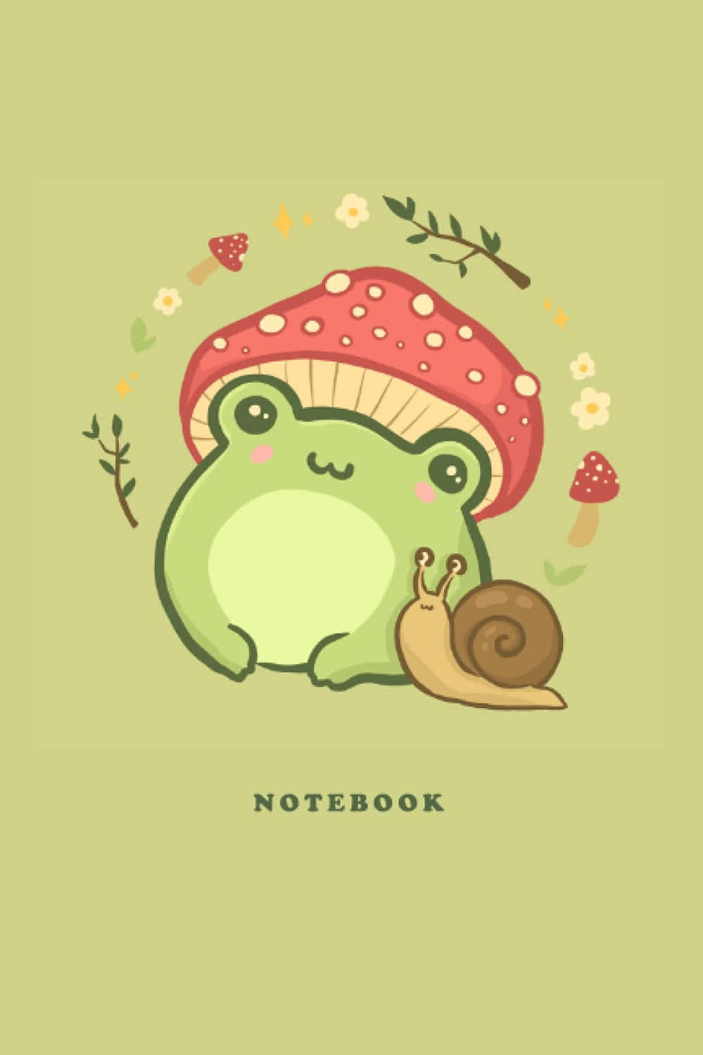 Kawaii Mushroom 桌布 壁紙 — 一隻戴著紅色圓點蘑菇帽的可愛綠色青蛙，坐在蝸牛旁邊，在淺綠色背景上的花環下。