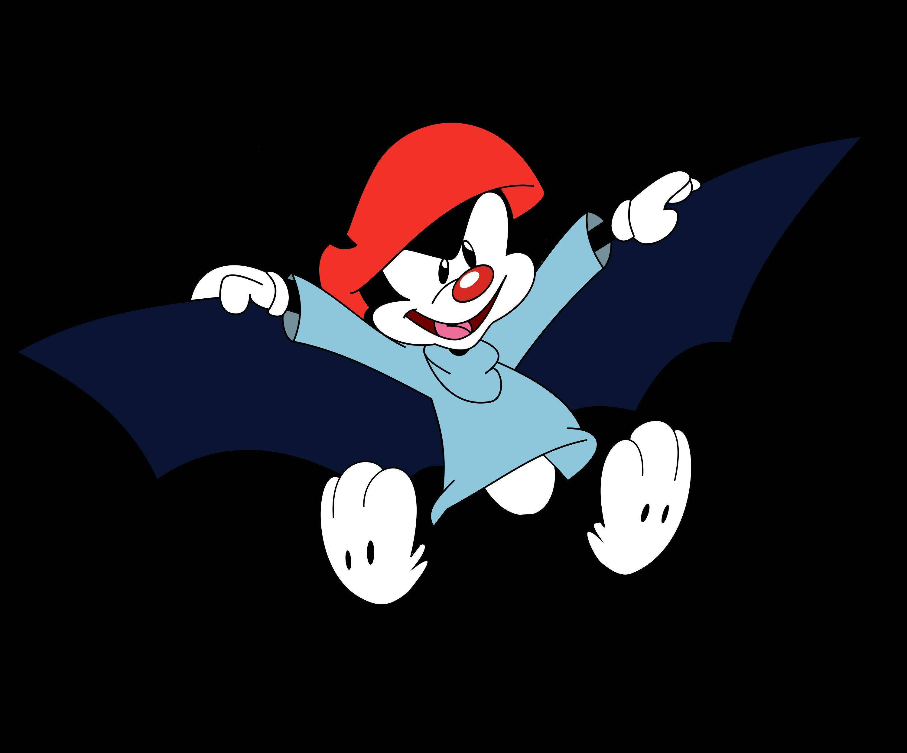 Animaniacs 桌布 壁紙 — 一隻戴著紅色帽子和藍色斗篷的快樂卡通蝙蝠在黑色背景上歡快地飛翔。