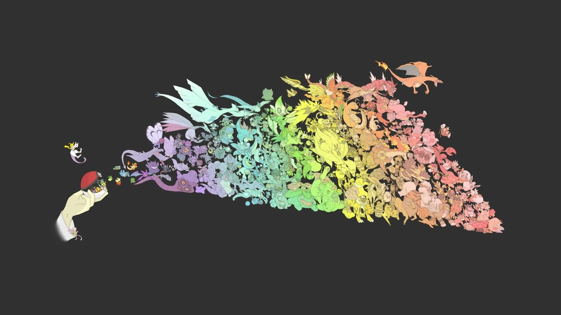 All Pokemon 桌布 壁紙 — 一隻戴著紅色帽子的手在黑暗背景下釋放出充滿活力的彩虹般色彩繽紛的寶可夢角色。