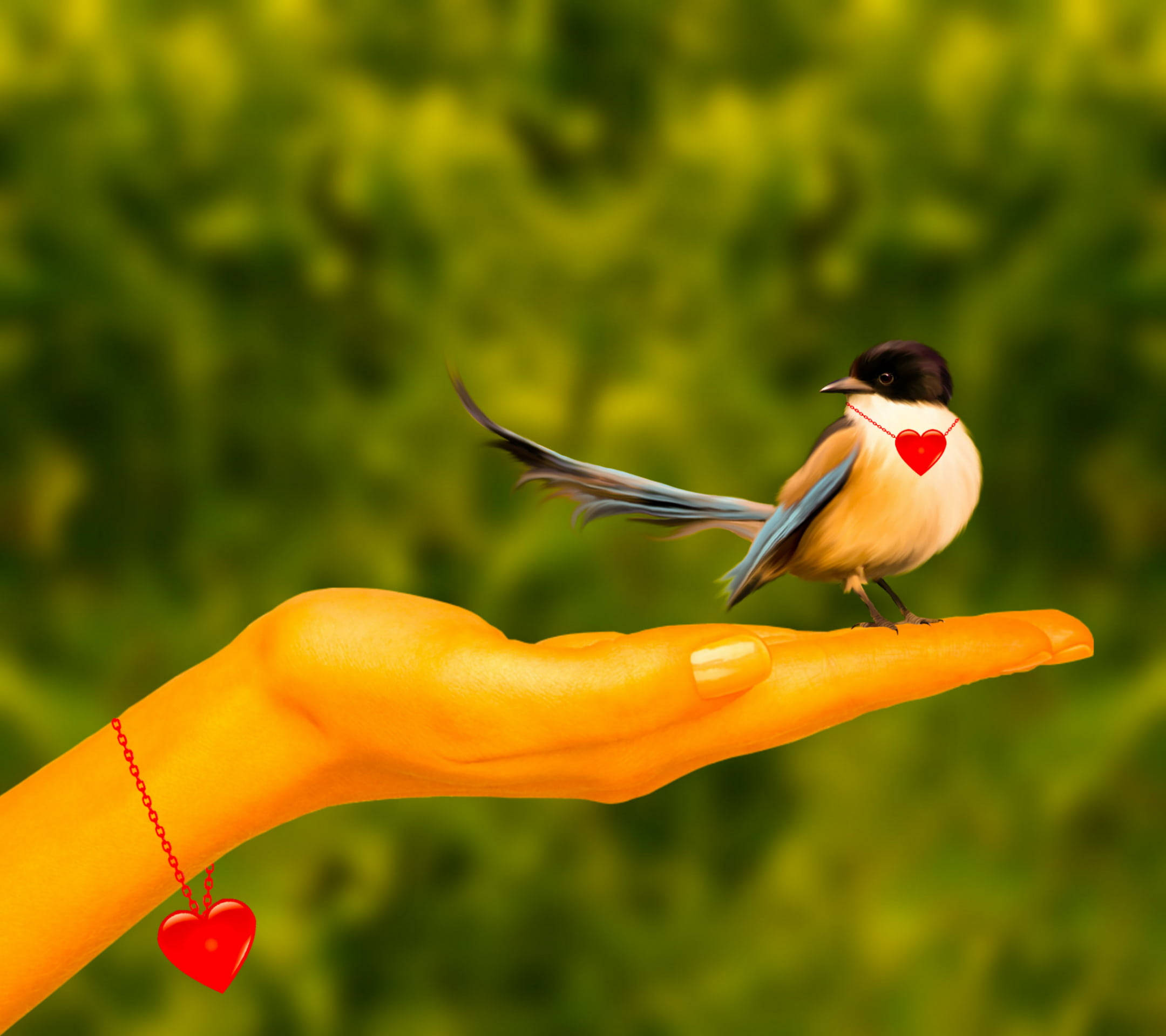 Love Nature 桌布 壁紙 — 一隻戴著紅色心形項鍊的小鳥輕輕棲息在伸出的手上，背景是柔和的綠色。