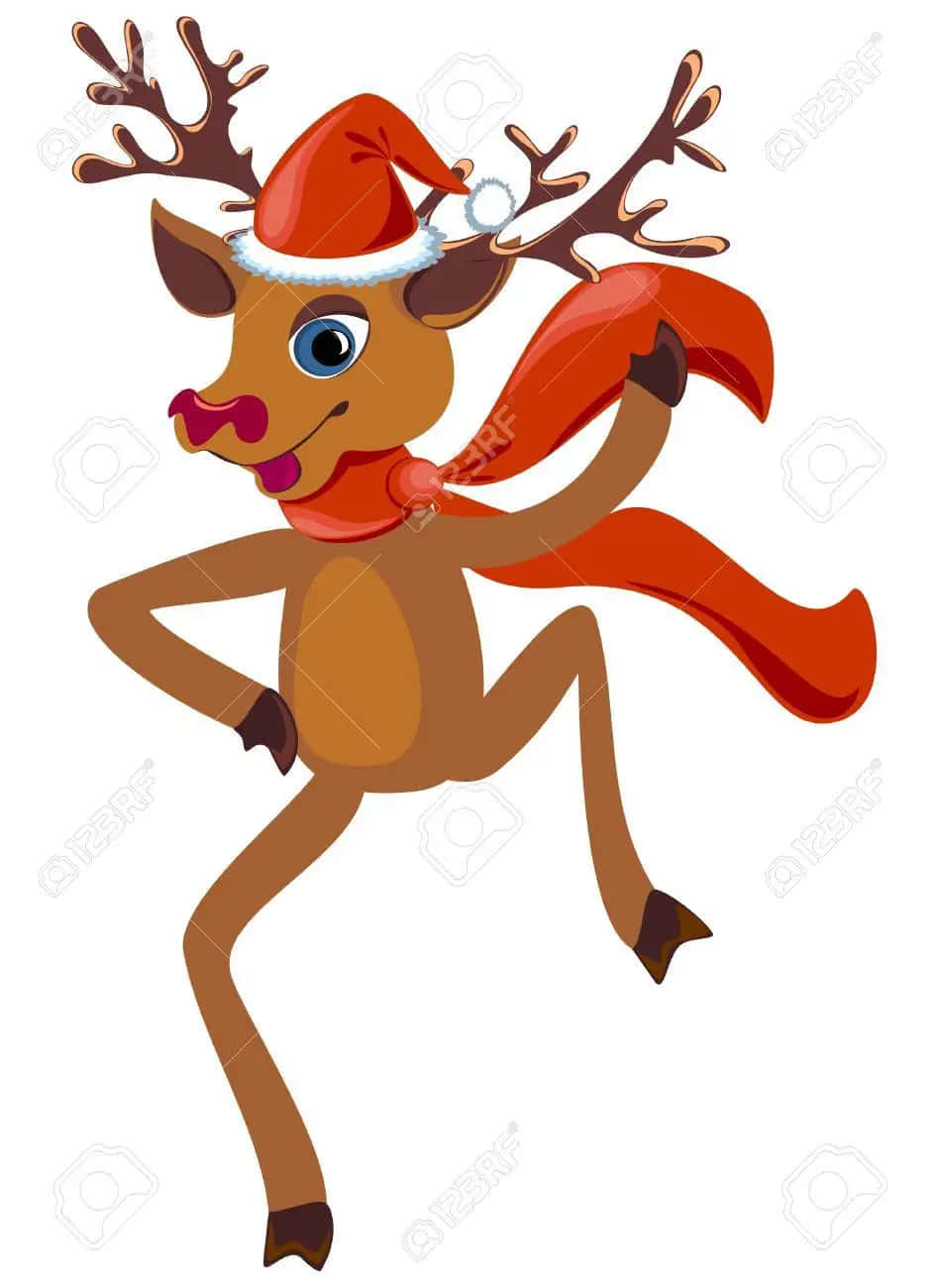 Funny Deer 桌布 壁紙 — 一隻戴著紅色聖誕帽和圍巾的開心卡通馴鹿，在白色背景前擺出俏皮的姿勢。