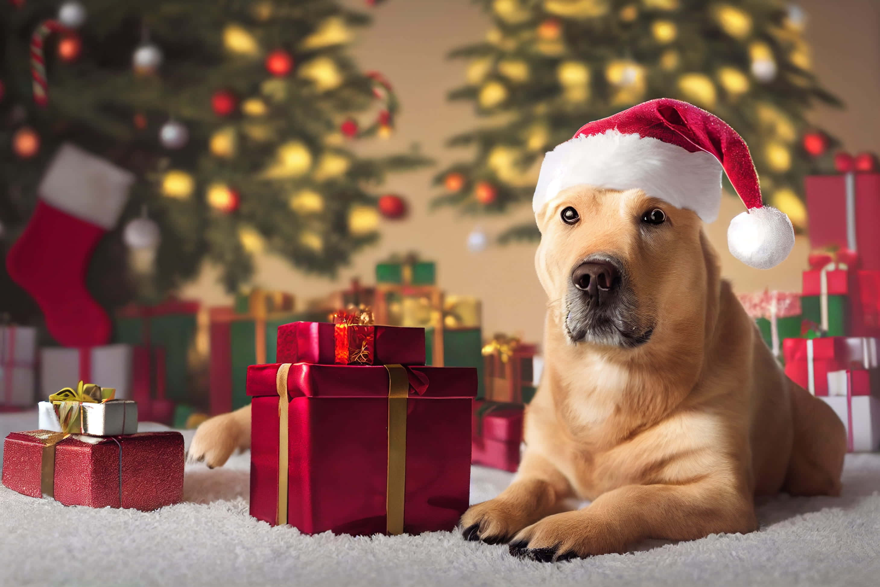cute dogs 桌布 壁紙 — 一隻戴著紅色聖誕帽的金毛尋回犬坐在裝飾好的聖誕樹前，旁邊放著包裝好的禮物。