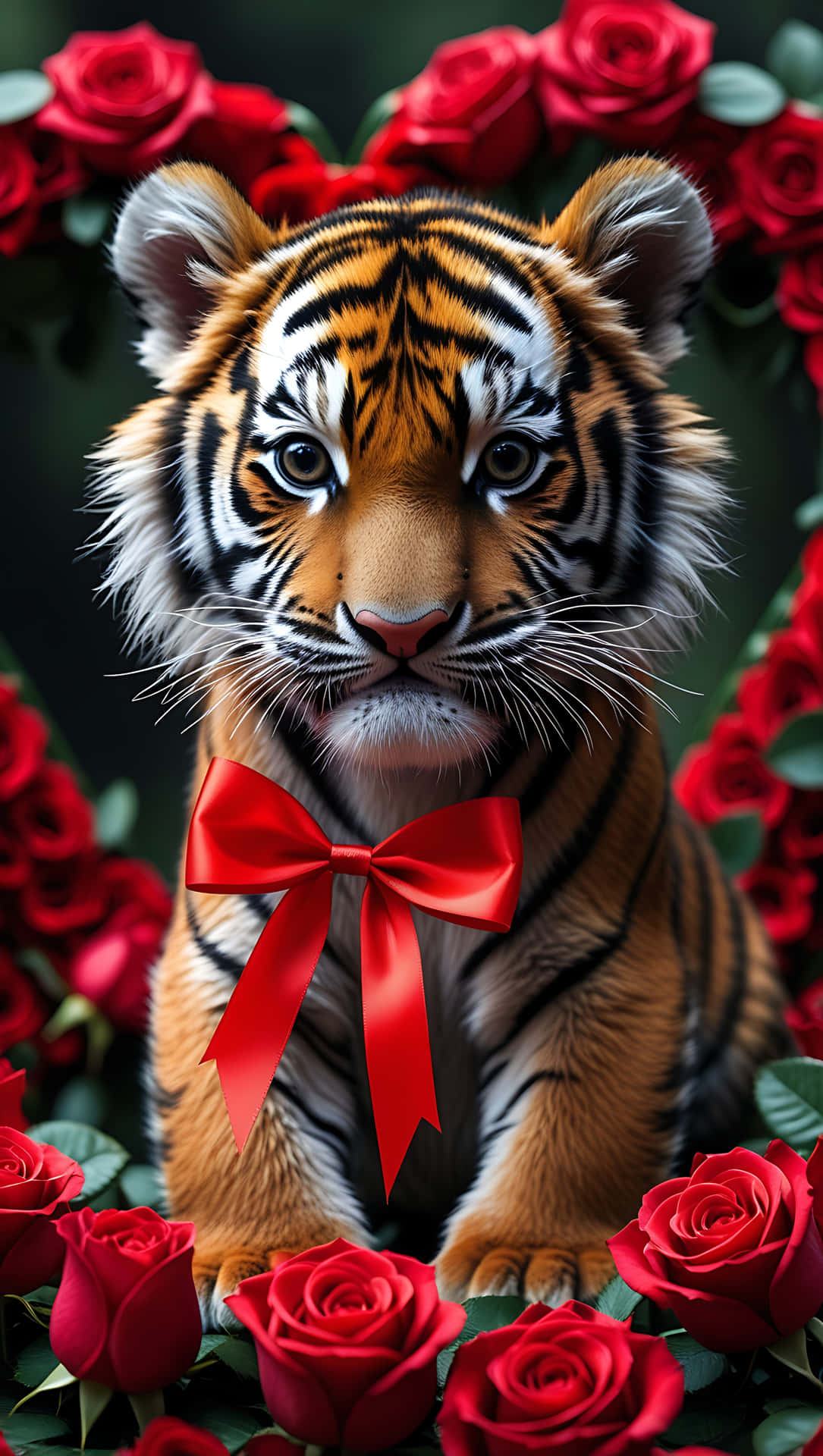Adorable Baby Tiger with Red Ribbon – Valentine’s Cute Jungle Love. smartphone wallpaper 壁紙 — 一隻戴著紅色蝴蝶結的年輕老虎幼崽坐在茂盛的花卉框架中，周圍環繞著鮮豔的紅玫瑰。
