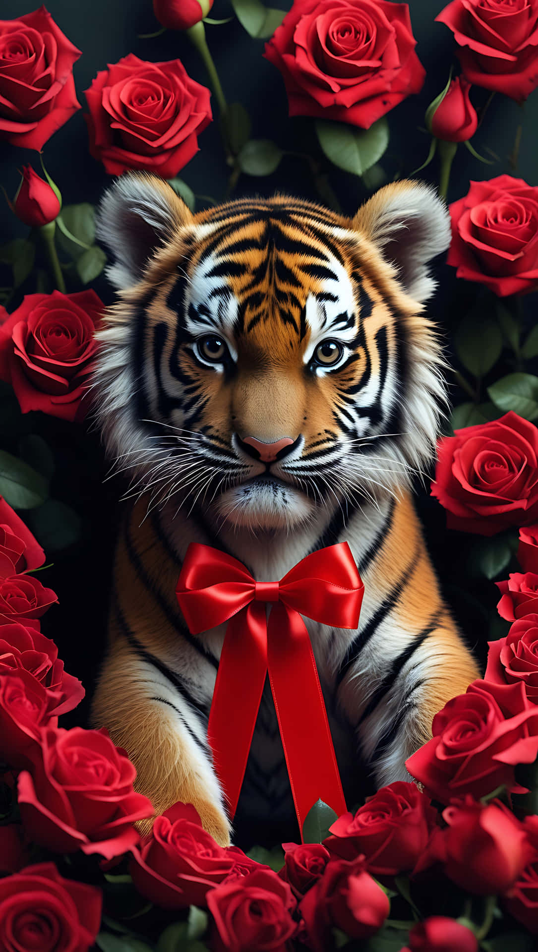 Adorable Baby Tiger with Red Ribbon – Valentine’s Cute Jungle Love. smartphone wallpaper 壁紙 — 一隻戴著紅色蝴蝶結的雄偉老虎，在黑暗背景中，被鮮豔的紅玫瑰環繞，凝視前方。