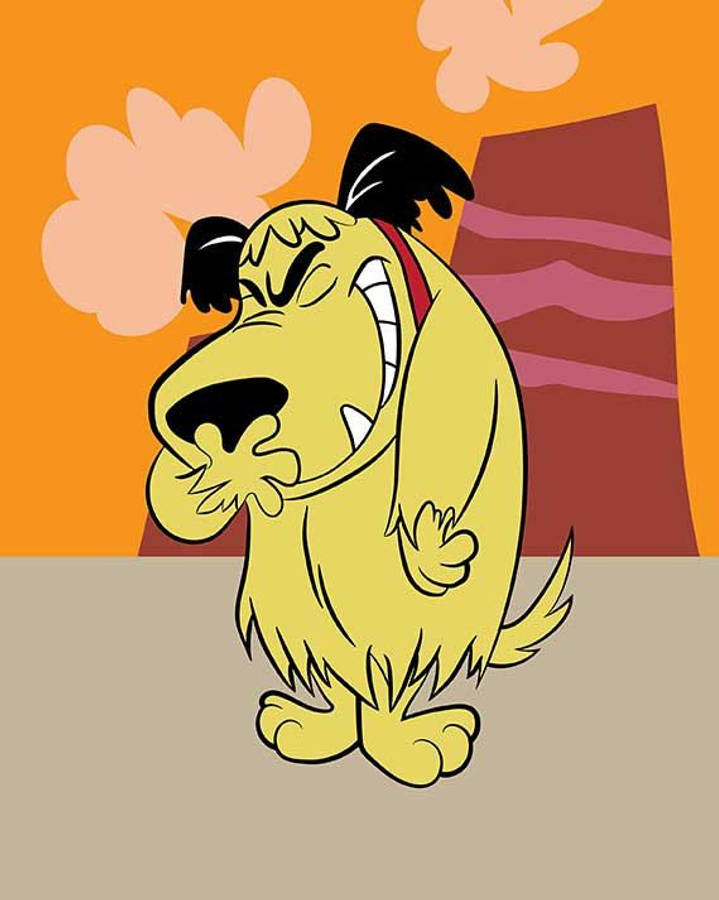 Muttley 桌布 壁紙 — 一隻戴著紅色項圈的卡通狗在溫暖的橙色和棕色背景下憤怒地吠叫。