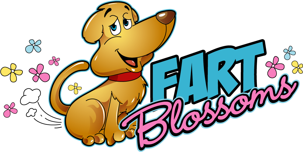 Fart 桌布 壁紙 — 一隻戴著紅色項圈的卡通金色狗坐在色彩繽紛的文字「FART Blossoms」旁邊，周圍環繞著俏皮的花朵。