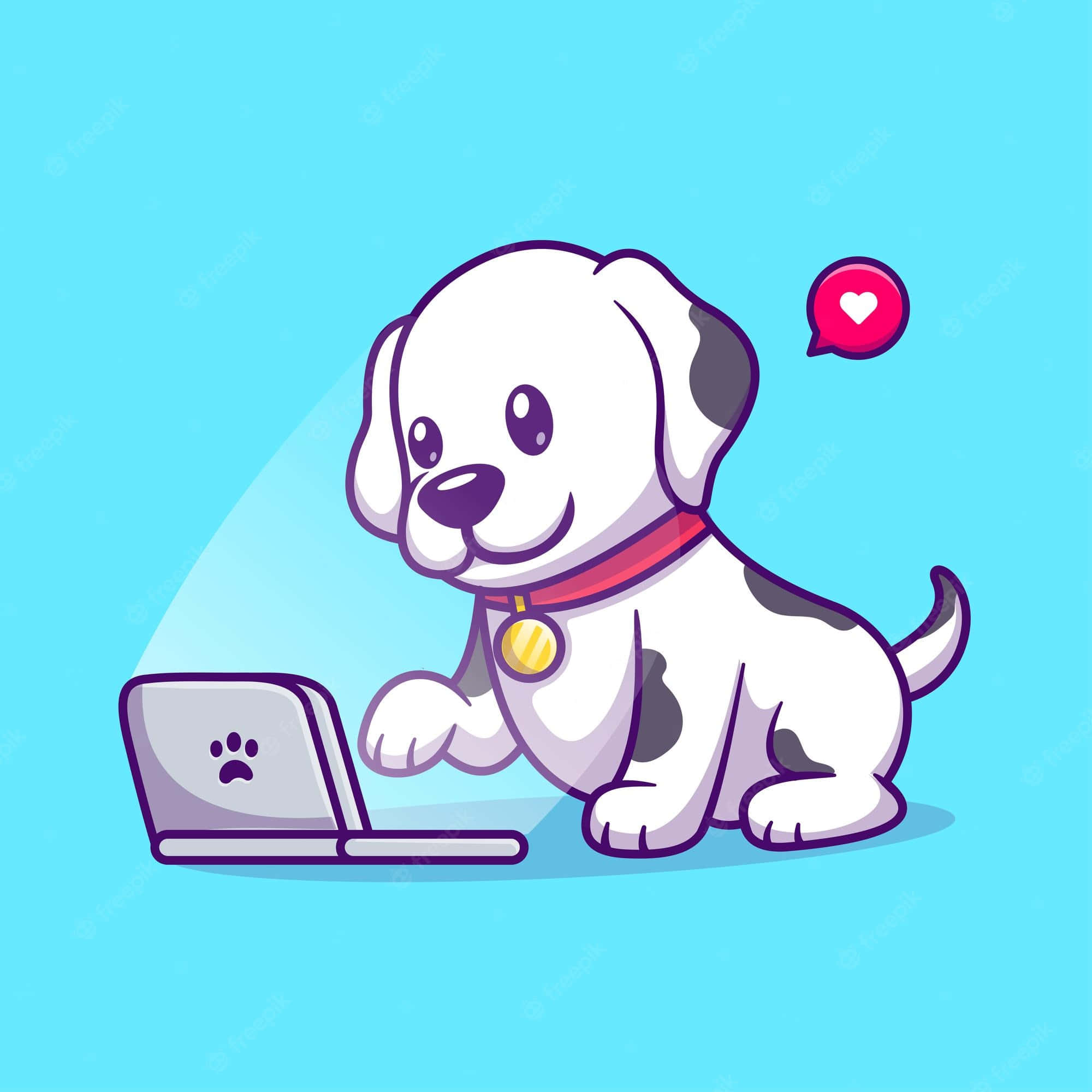 Cute Cartoon Dog 桌布 壁紙 — 一隻戴著紅色項圈的可愛卡通小狗，在明亮的藍色背景前，開心地使用一台帶有爪印圖案的筆記型電腦。