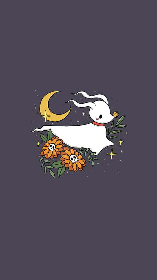 萬聖節動圖 桌布 壁紙 — 一隻戴著紅色項圈的可愛白色幽靈，在深紫色夜空中，於新月和橙色骷髏花旁邊歡快地跳躍。
