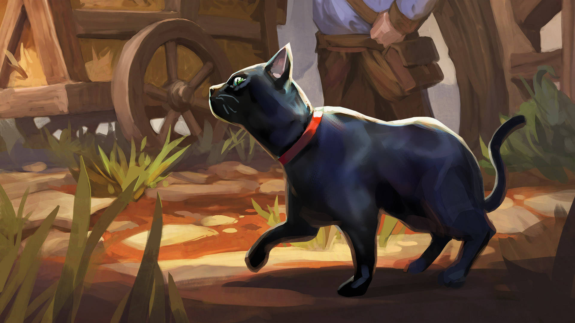 Runescape 桌布 壁紙 — 一隻戴著紅色項圈的時尚黑貓，自信地走過鄉村戶外環境中的木製手推車。