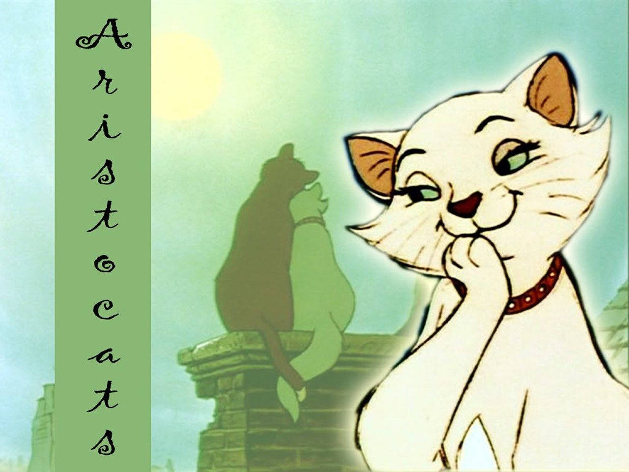 aristocats 桌布 壁紙 — 一隻戴著紅色項圈的白色的卡通貓若有所思地微笑，而一隻陰影貓坐在石牆上，下方是發光的太陽。