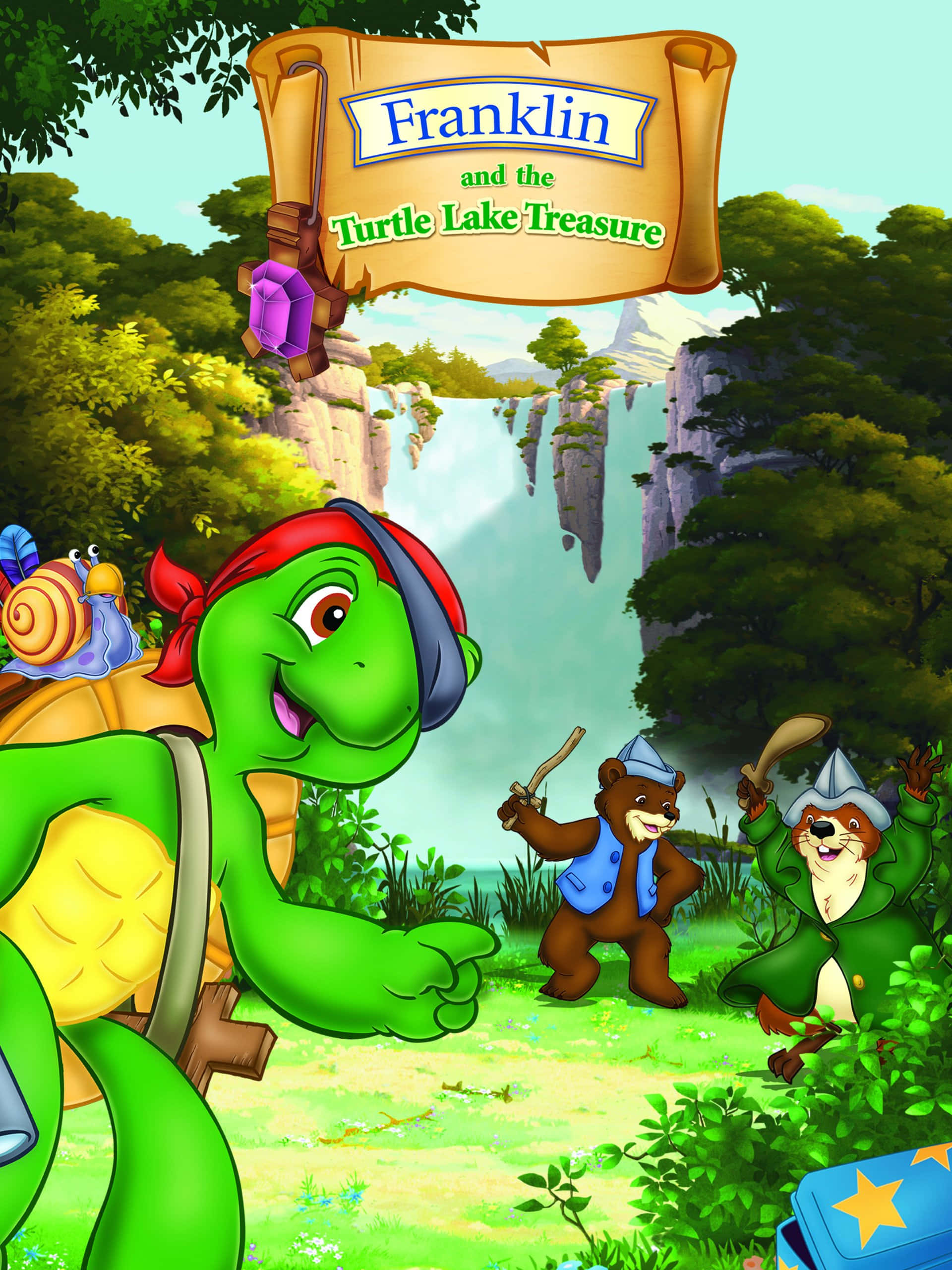 Cartoon Turtle 桌布 壁紙 — 一隻戴著紅色頭巾的快樂卡通烏龜和蝸牛同伴帶領兩個動物朋友穿過充滿活力的森林，走向壯麗的瀑布。