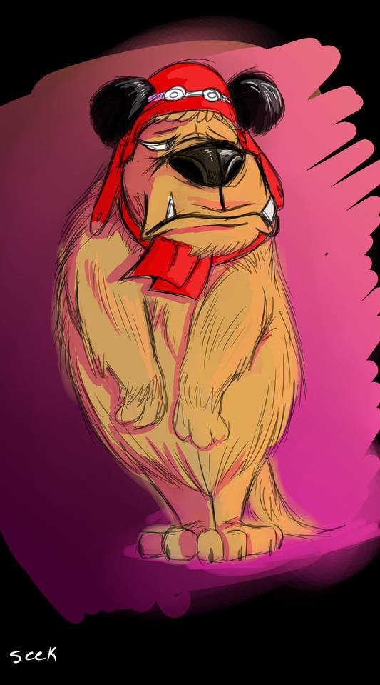 Muttley 桌布 壁紙 — 一隻戴著紅色飛行帽和護目鏡的卡通狗，自信地站在充滿活力的粉紅色和紫色背景前。