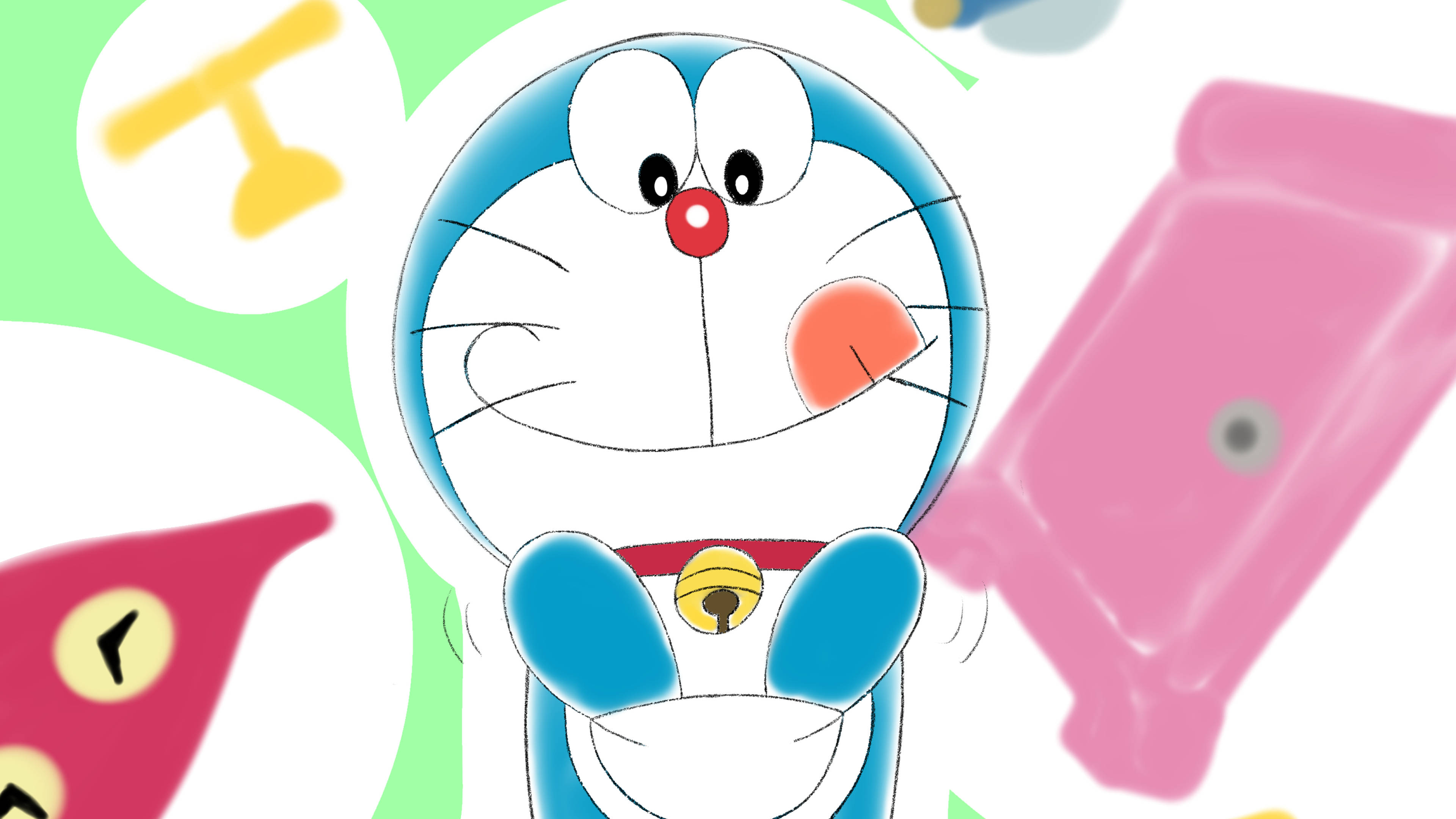 Doraemon 桌布 壁紙 — 一隻戴著紅色鼻子和鈴鐺項圈的開心藍色機器貓，在色彩繽紛的漂浮小工具和形狀中微笑。
