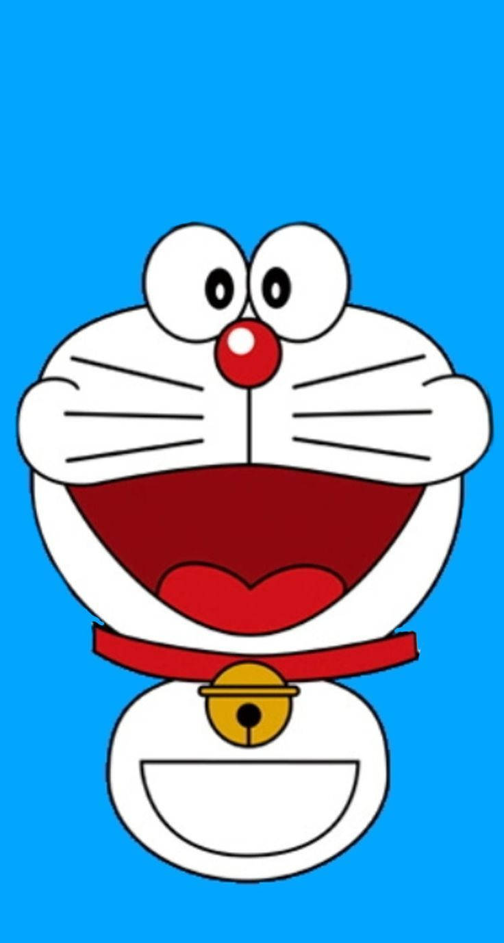 Doraemon 桌布 壁紙 — 一隻戴著紅鼻子和鈴鐺項圈的開心卡通貓，在純藍色背景上咧嘴大笑。