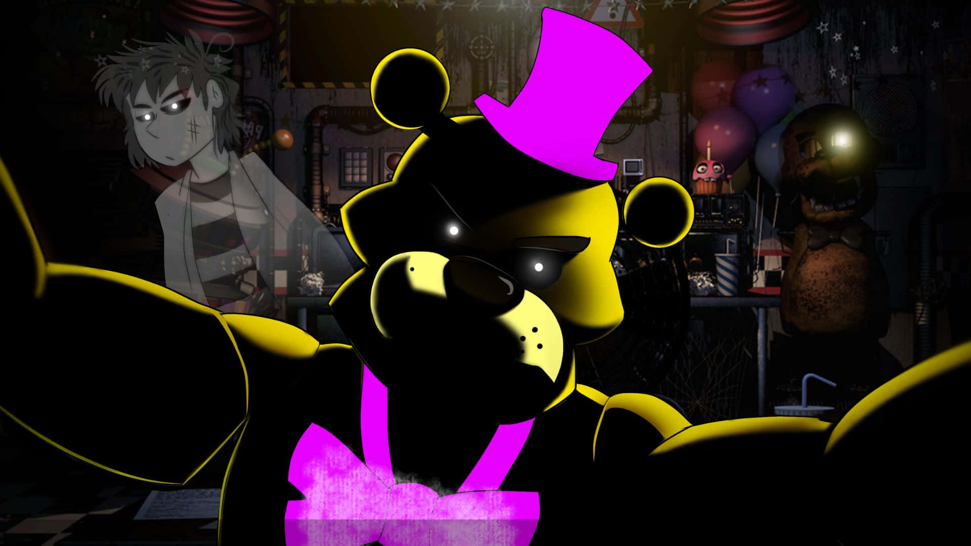 Fnaf Jumpscare 桌布 壁紙 — 一隻戴著紫色高帽和領結的威脅性黃色電子熊在一個黑暗雜亂的房間裡發光，周圍還有其他詭異的身影。