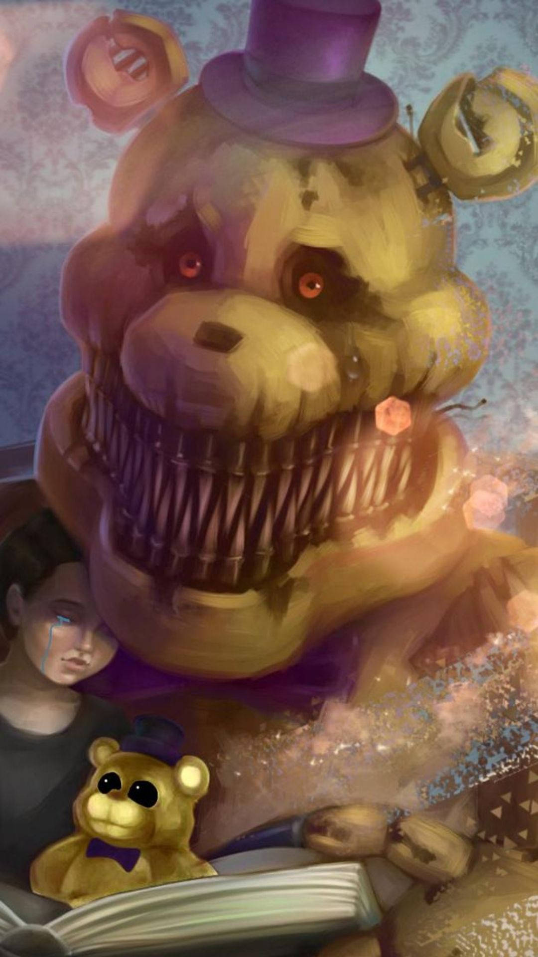 Chris Afton 桌布 壁紙 — 一隻戴著紫色高帽的威脅性黃色電子熊，正俯視著一個與小泰迪熊一起閱讀的孩子。