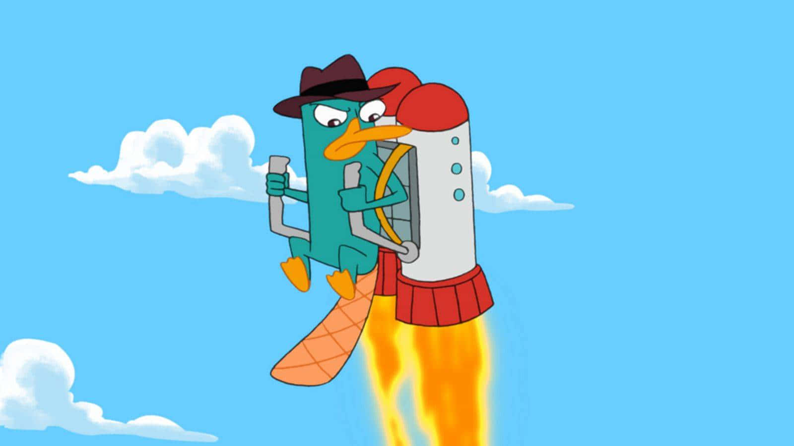 Phineas And Ferb 桌布 壁紙 — 一隻戴著紳士帽的卡通鴨駕駛火箭穿過晴朗藍天，天空中有蓬鬆的白雲。