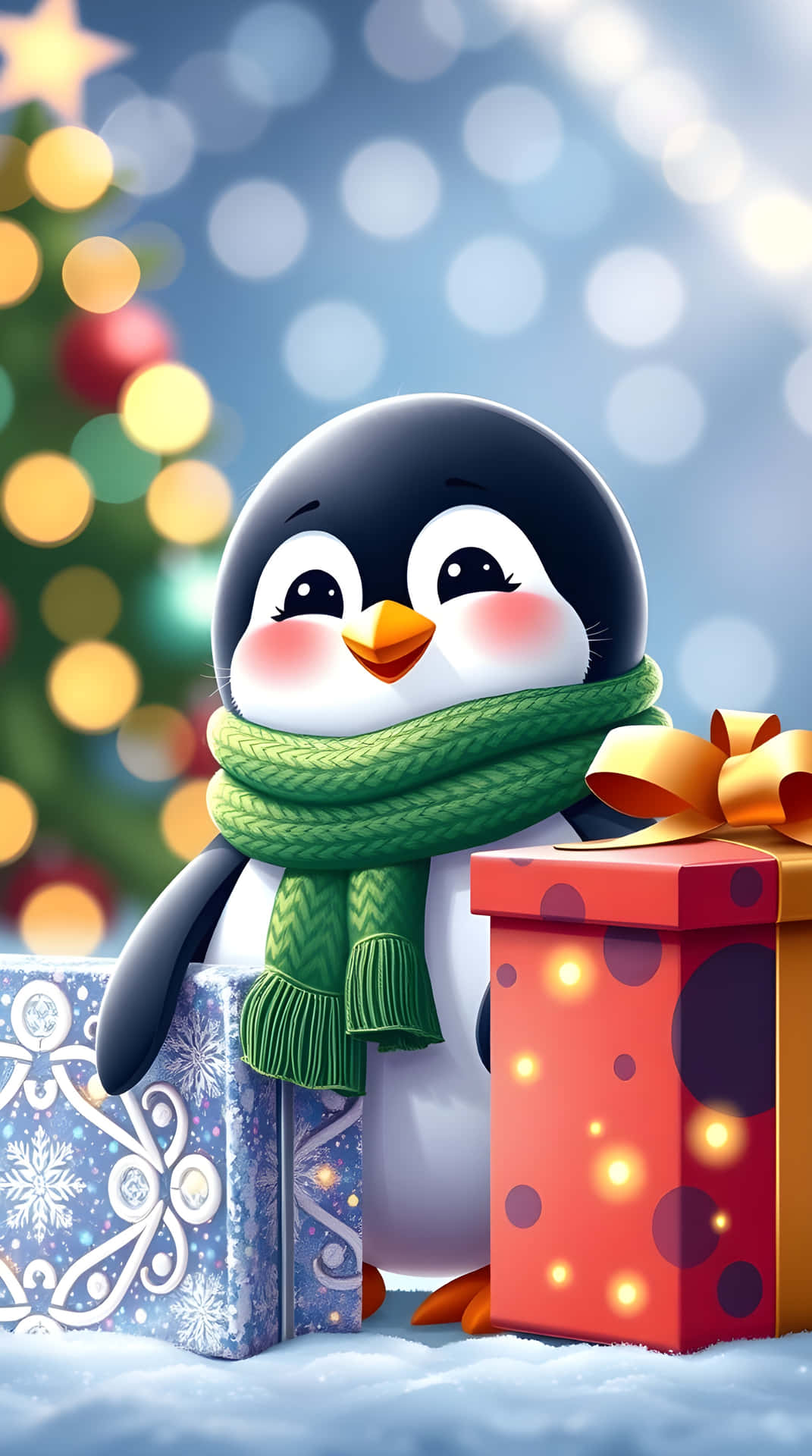 Adorable Penguin with Green Scarf and Christmas Gifts Christmas Wallpaper 4K 壁紙 — 一隻戴著綠色圍巾的可愛卡通企鵝站在色彩繽紛的禮物盒旁邊，背景是白雪皚皚的冬天和模糊的聖誕樹。