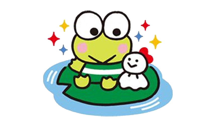 Cute Frog 桌布 壁紙 — 一隻戴著綠色圍巾的開心卡通青蛙坐在荷葉上，旁邊有一個微笑的雪人，周圍環繞著彩色星星。