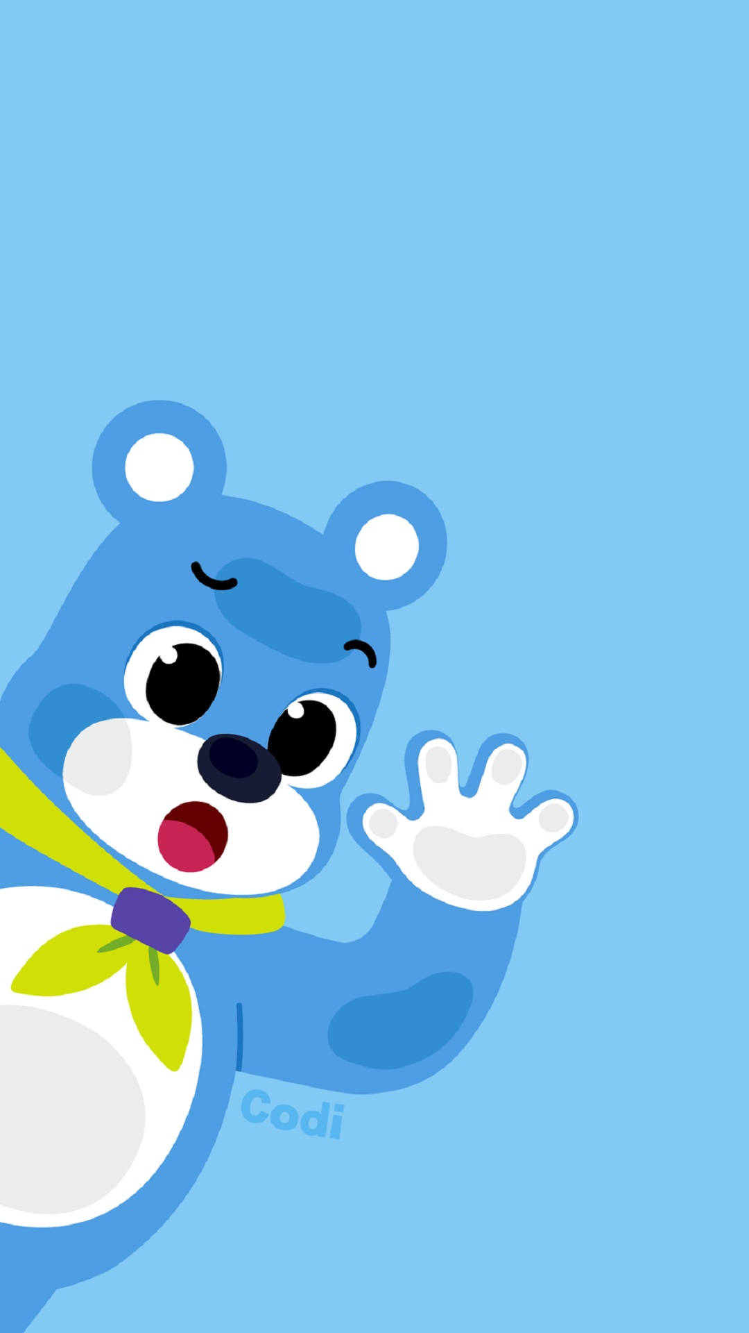 Pinkfong 桌布 壁紙 — 一隻戴著綠色圍巾的開心藍色卡通熊，在純淺藍色背景上快樂地揮手。