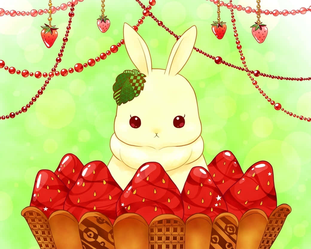 Kawaii Bunny 桌布 壁紙 — 一隻戴著綠色帽子的可愛小白兔，坐在鬆餅筒中閃亮的紅色草莓之間，背景是柔和的綠色散景。