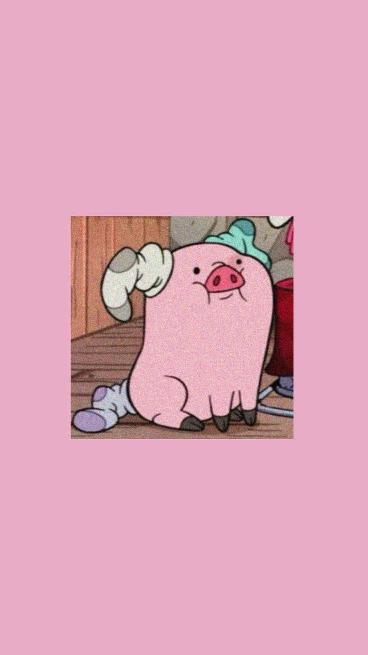 waddles 桌布 壁紙 — 一隻戴著綠色帽子的可愛粉紅色卡通豬，以放鬆的表情坐在木地板上。