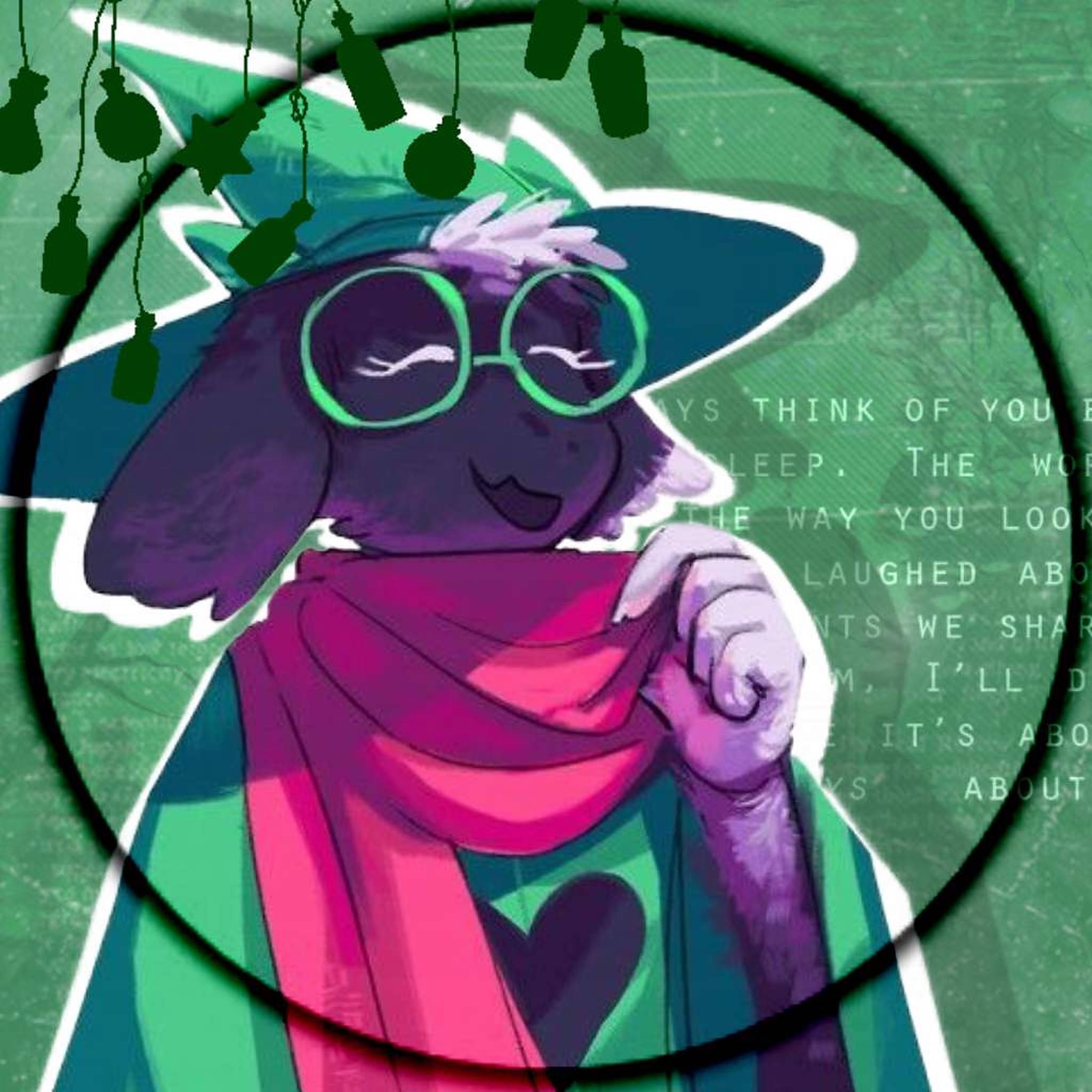 Ralsei 桌布 壁紙 — 一隻戴著綠色眼鏡和圍巾的紫色擬人狗，在綠色紋理背景下的懸掛瓶子下微笑。