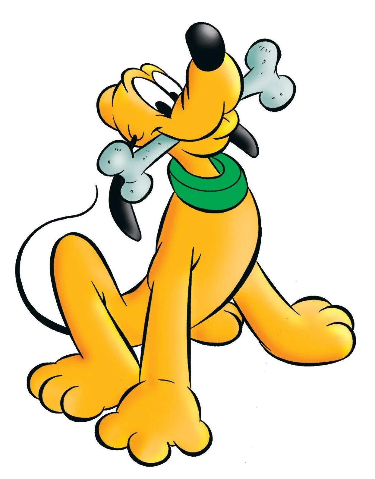 pluto 桌布 壁紙 — 一隻戴著綠色項圈的快樂黃色卡通狗，坐著時高興地叼著一根骨頭。