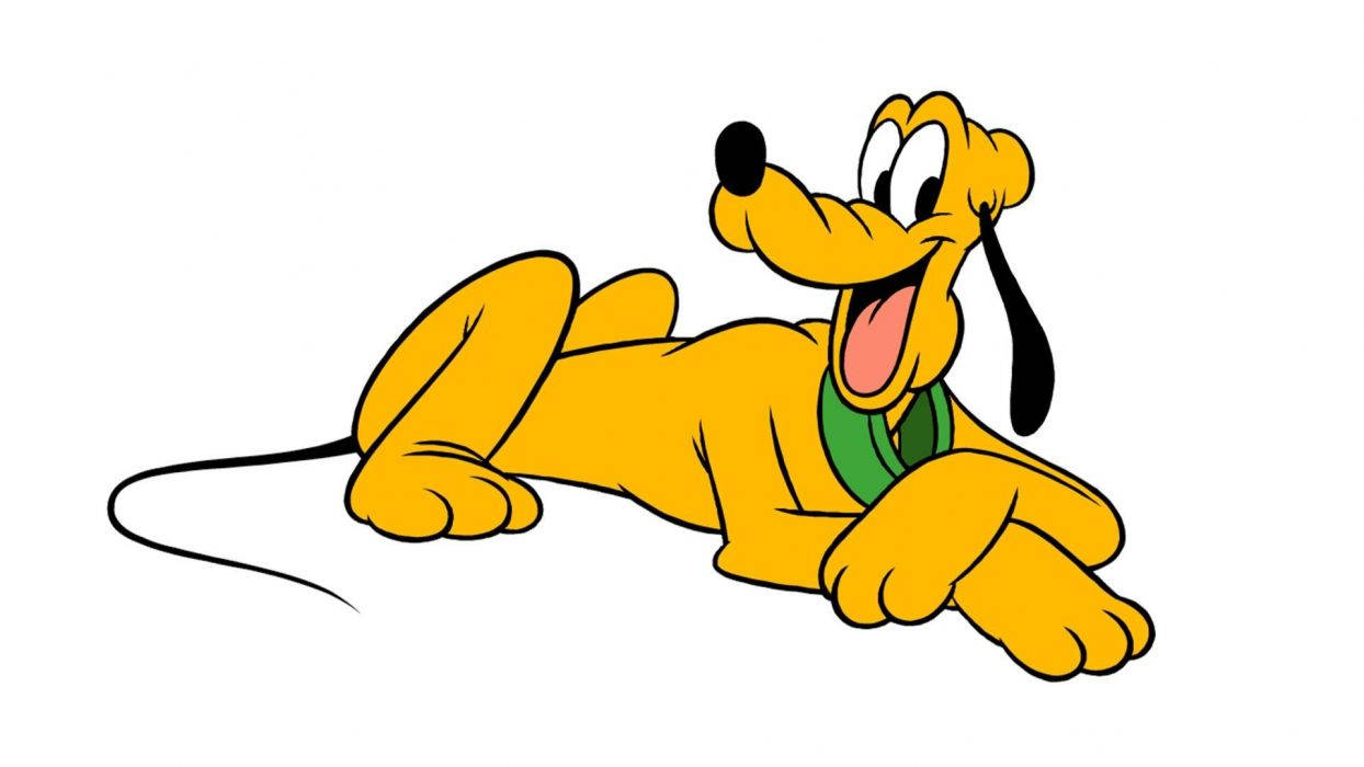 pluto 桌布 壁紙 — 一隻戴著綠色項圈的快樂黃色卡通狗，趴在地上，嘴巴張開，表情開心。