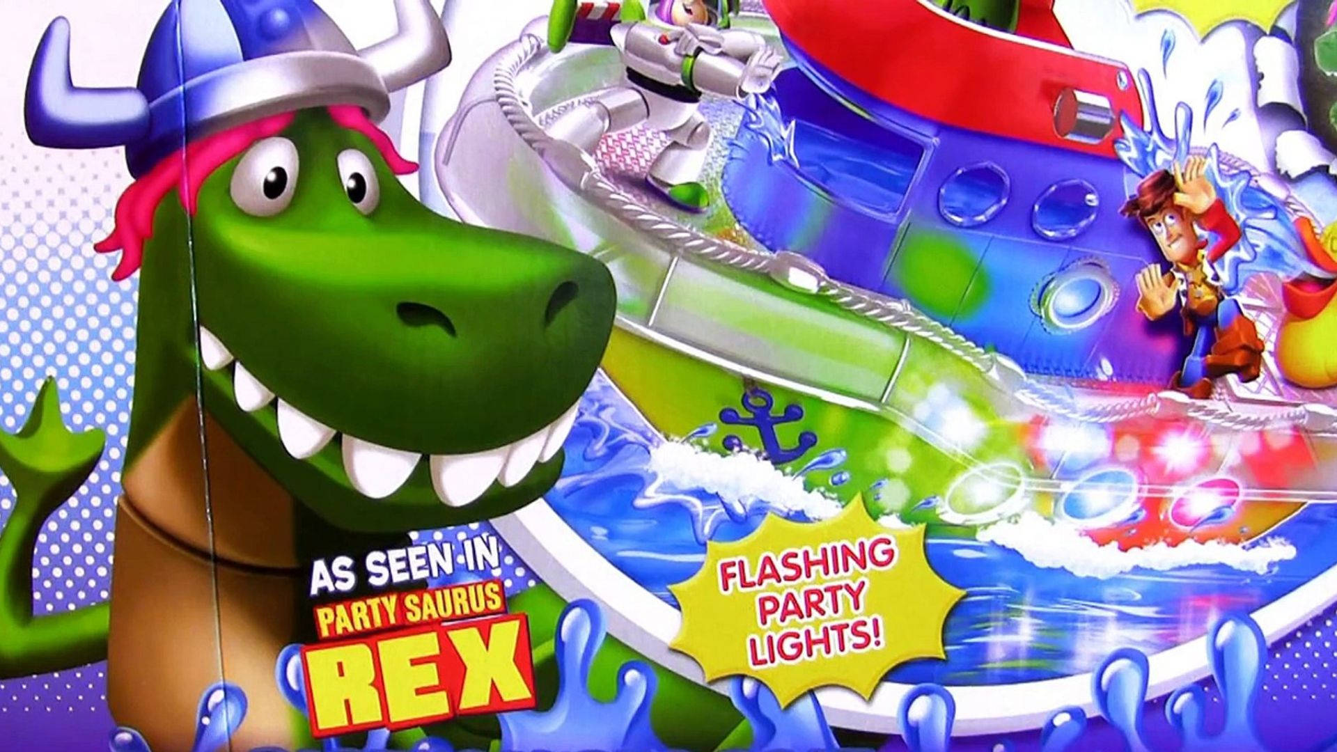 rex 桌布 壁紙 — 一隻戴著維京頭盔的綠色卡通恐龍，愉快地從色彩繽紛的水滑梯滑下，下方有一個男孩坐在船上。