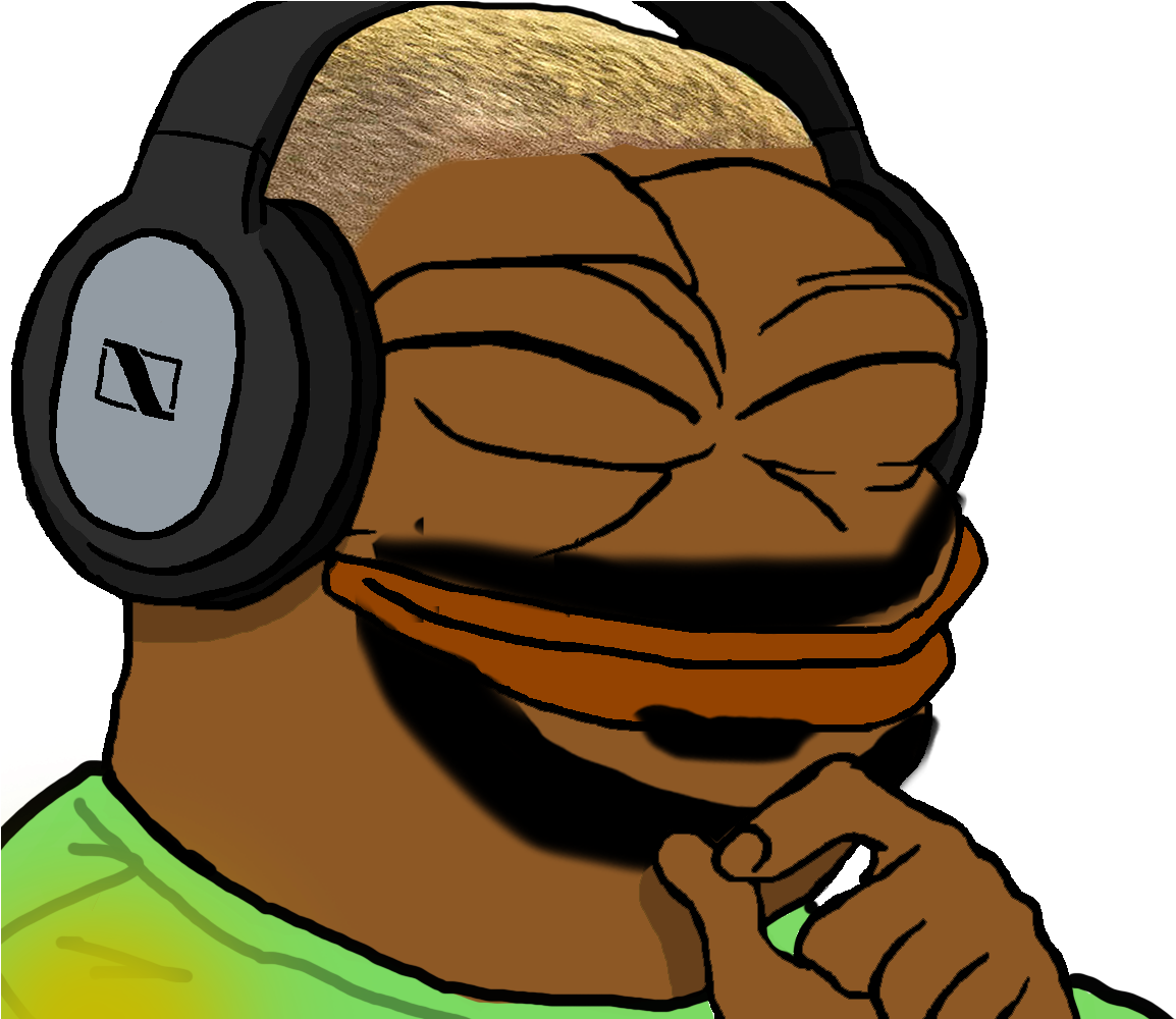 Pepe 桌布 壁紙 — 一隻戴著耳機、穿著綠色襯衫、表情深思的卡通青蛙，背景為黑色。