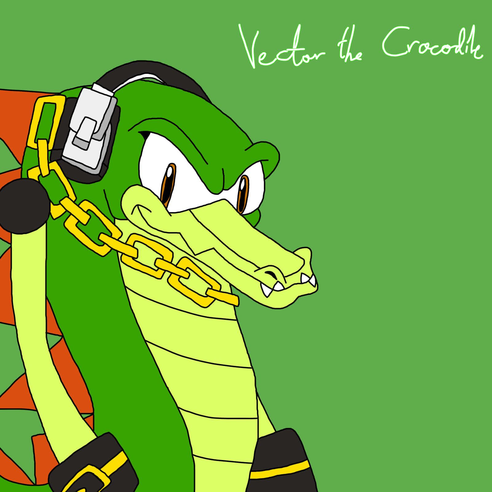 Vector The Crocodile 桌布 壁紙 — 一隻戴著耳機和鏈條的卡通鱷魚在純綠色背景上自信地微笑。