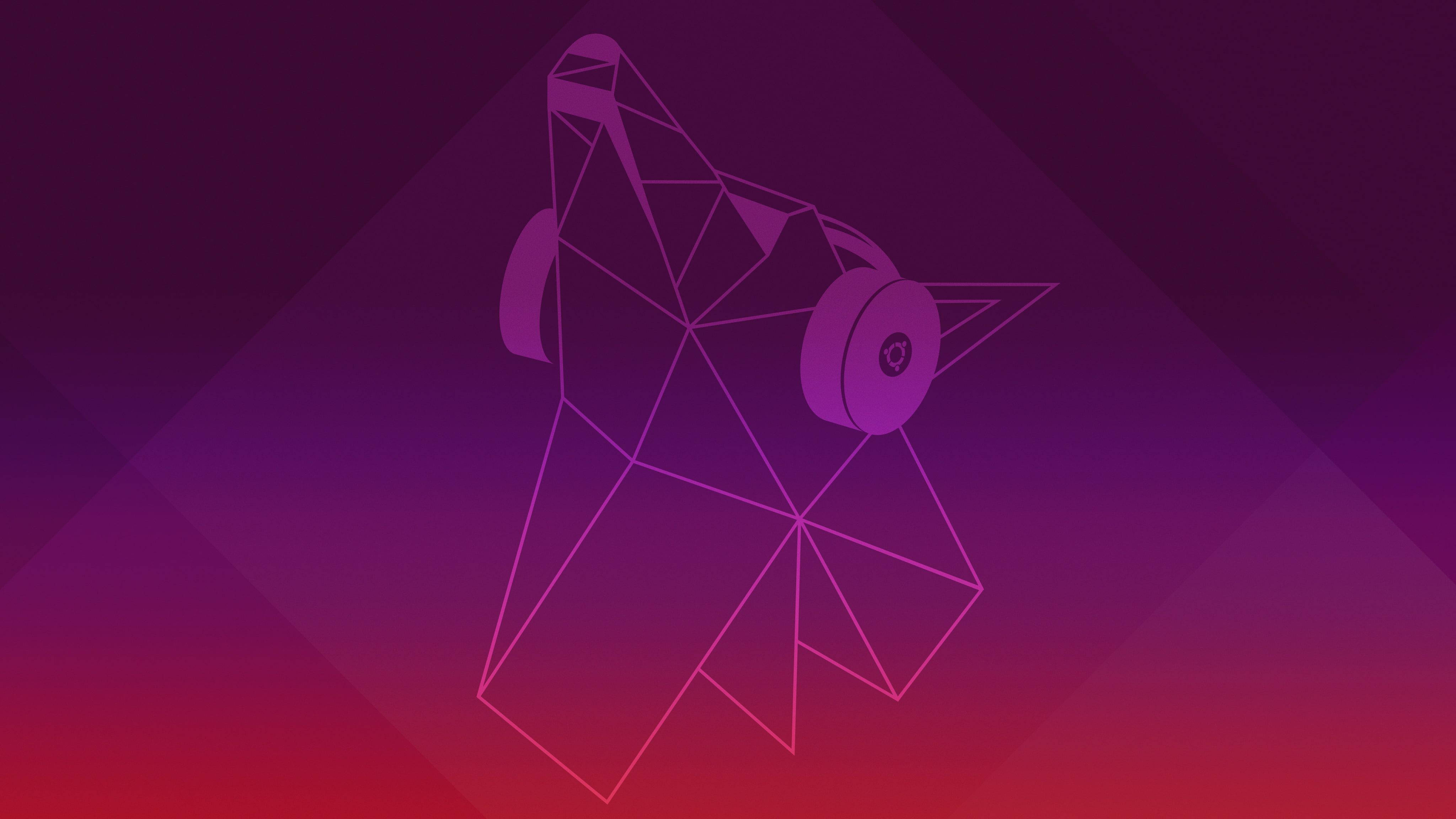 ubuntu 桌布 壁紙 — 一隻戴著耳機的幾何線框狗漂浮在紫色和紅色的漸變背景上。