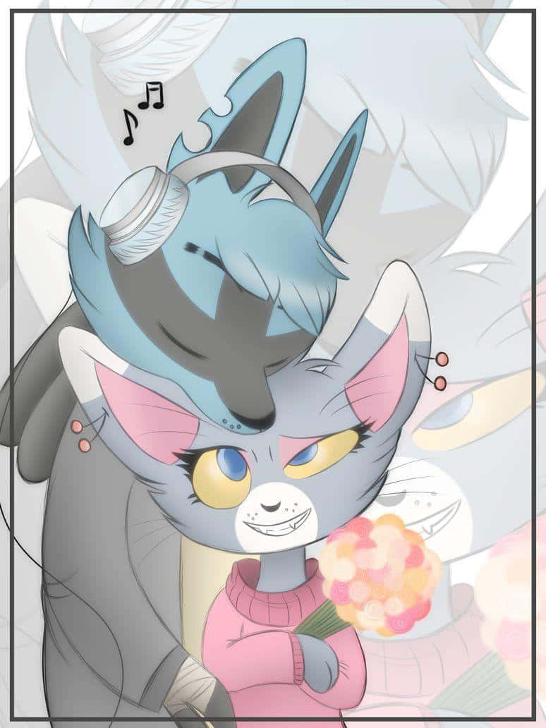 Lucario 桌布 壁紙 — 一隻戴著耳機的藍色狐狸靠在一隻拿著粉紅色花束的脾氣暴躁的灰色貓咪身上。