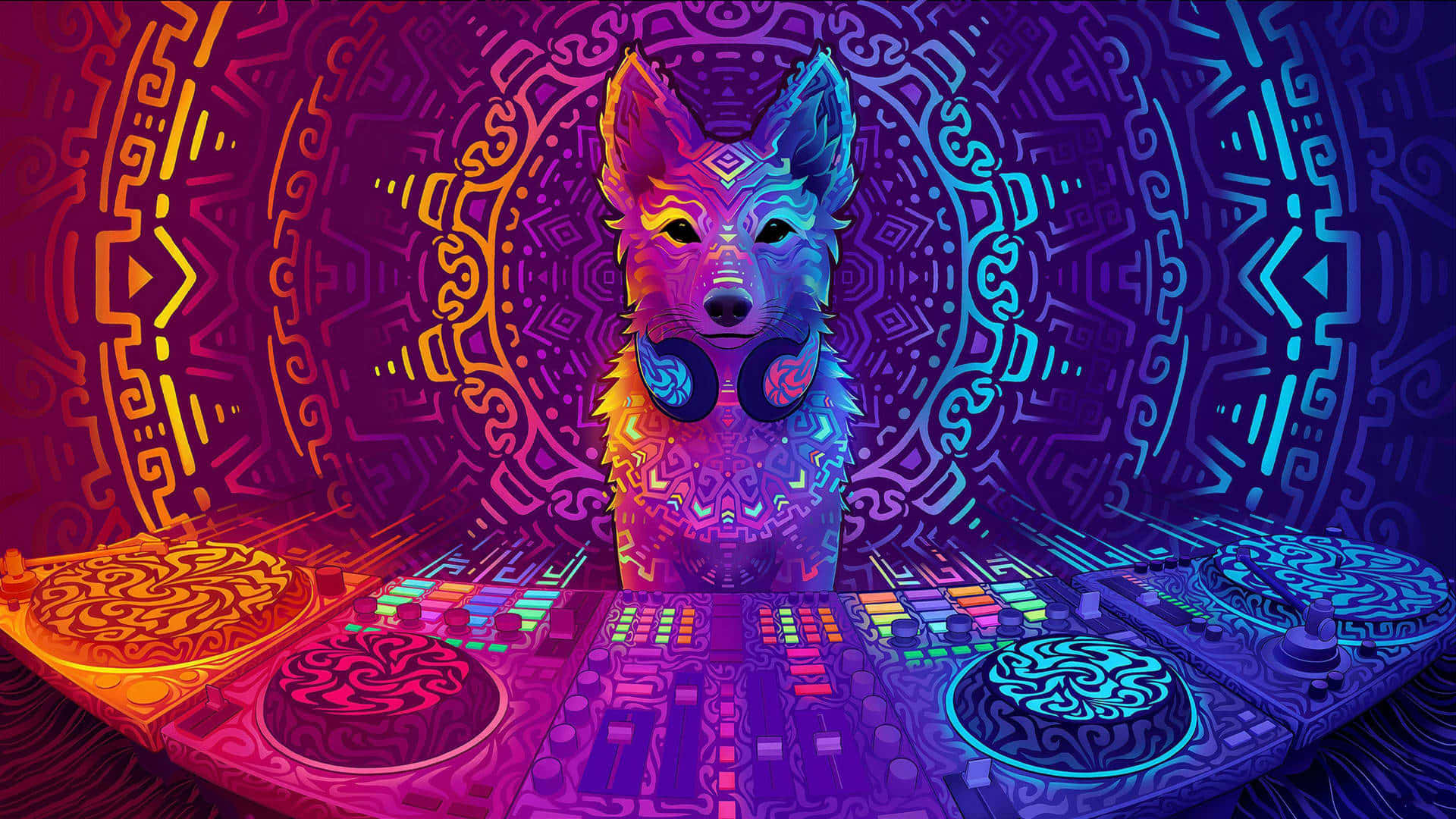 Cute Cartoon Dog 桌布 壁紙 — 一隻戴著耳機的迷幻數位藝術狗站在發光的DJ台後面，台上帶有複雜的幾何圖案，色彩鮮豔的霓虹色。