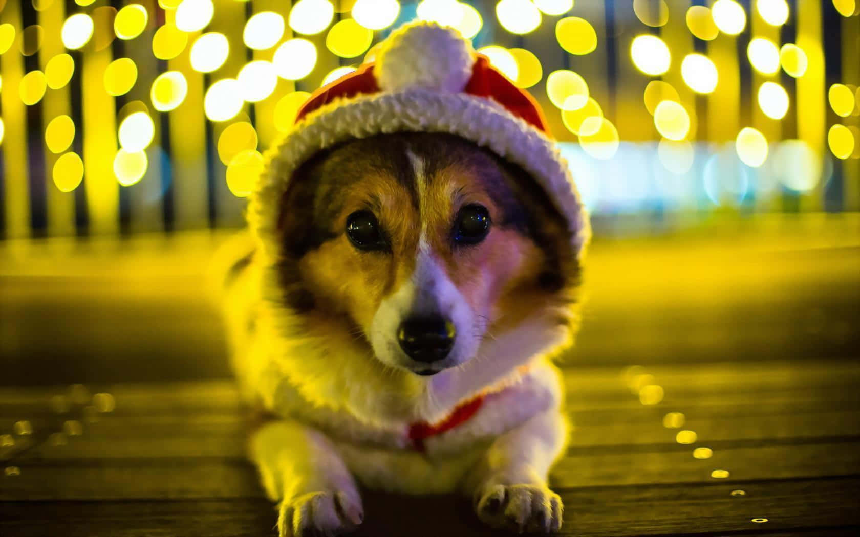 柯基 桌布 壁紙 — 一隻戴著聖誕帽的柯基犬在夜晚躺在木質甲板上，周圍是溫暖的金色散景燈光。