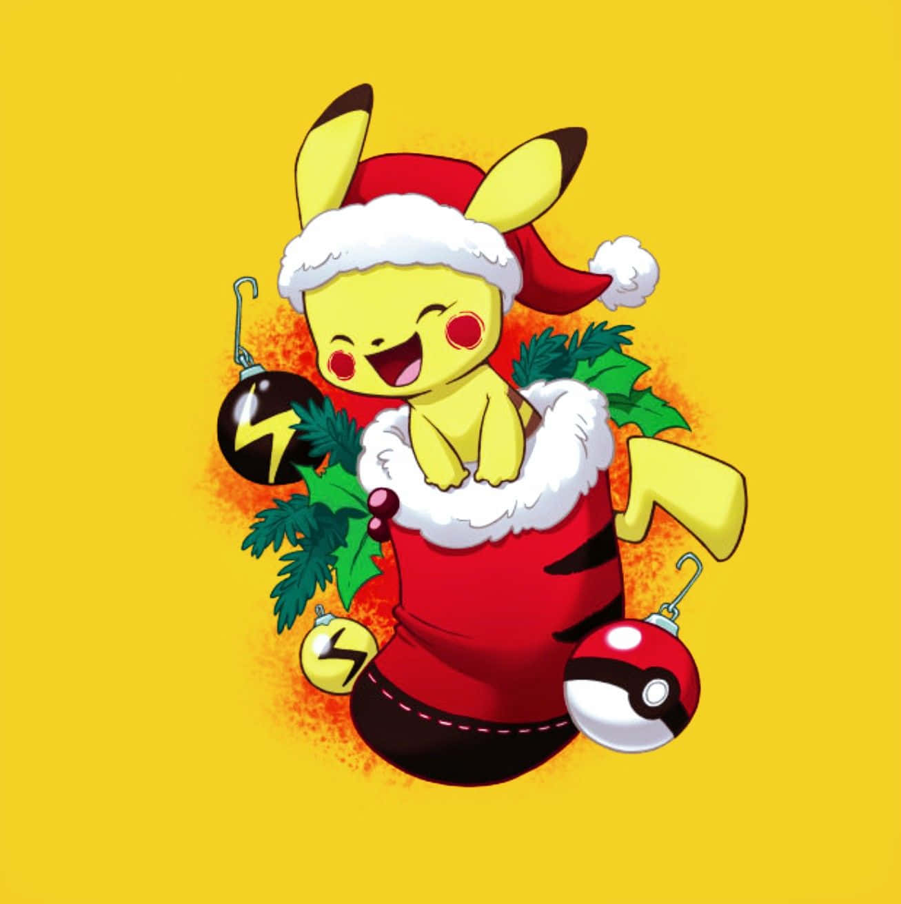 Christmas Party 桌布 壁紙 — 一隻戴著聖誕帽的開心皮卡丘從紅色聖誕襪中彈出，周圍有節日裝飾和冬青，背景是明亮的黃色。