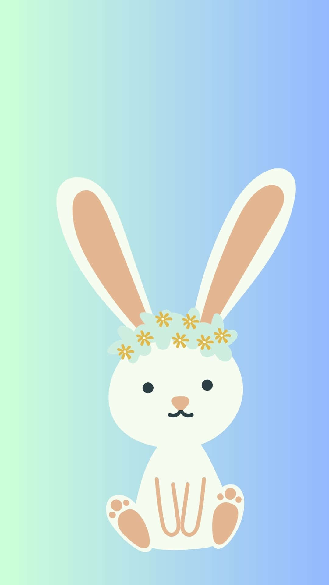 Easter Bunny 桌布 壁紙 — 一隻戴著花冠的可愛白色卡通兔子坐在柔和的粉彩漸變背景前。
