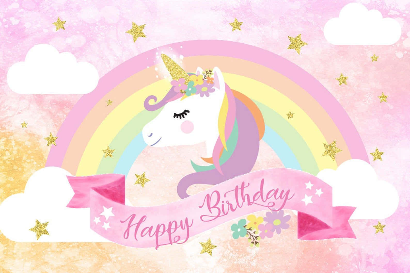 Happy Birthday 橫幅，配有獨角獸、彩虹和星星 — 生日快樂 GIF 壁紙