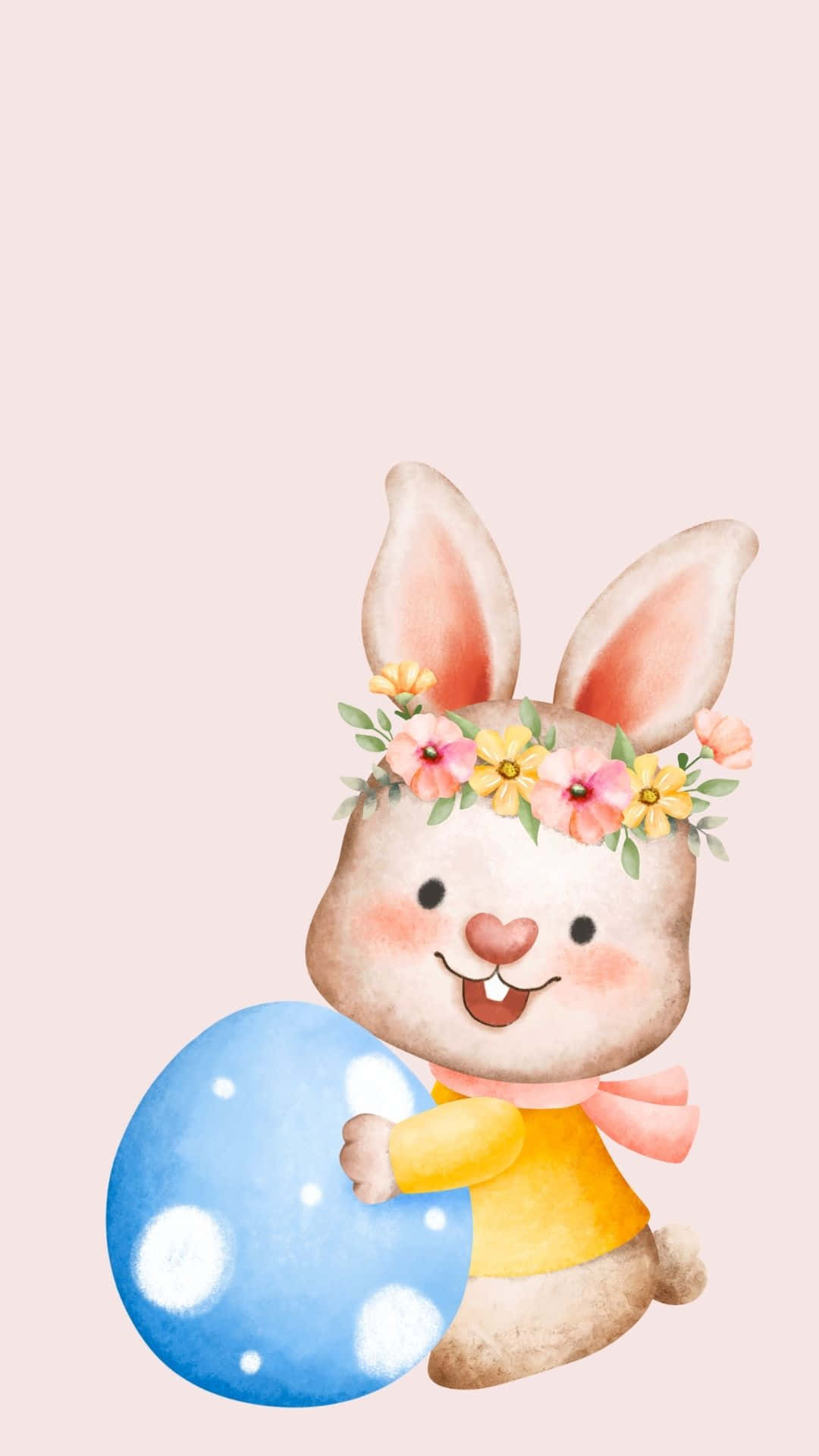 Easter Egg 桌布 壁紙 — 一隻戴著花冠的快樂水彩兔子，在柔和粉紅色背景上拿著一個藍色圓點蛋。
