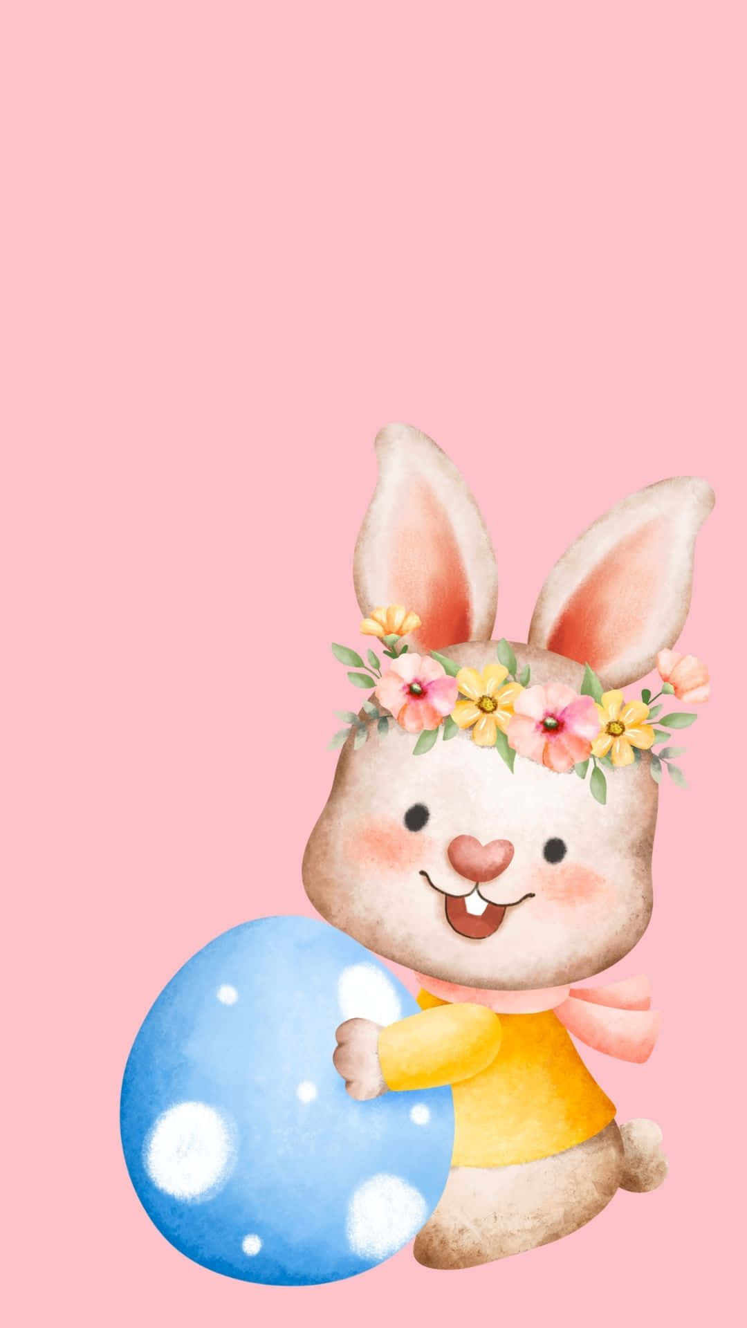 Easter Bunny 桌布 壁紙 — 一隻戴著花冠的快樂水彩兔子，在柔和的粉紅色背景上拿著一個藍色波點蛋。