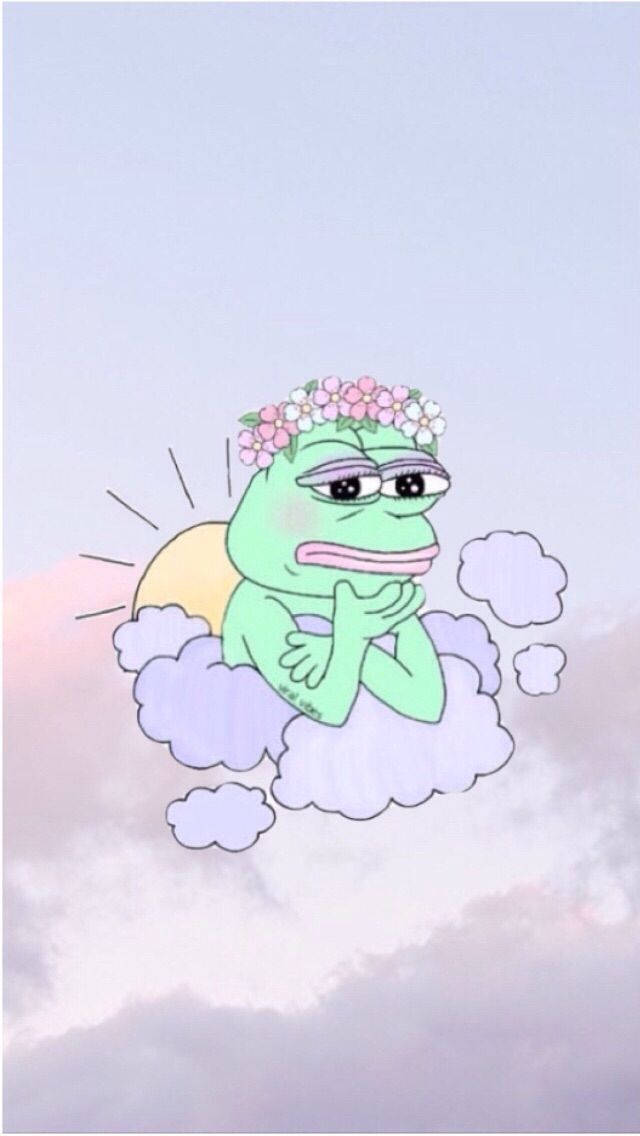 Pepe 桌布 壁紙 — 一隻戴著花冠的疲倦綠色青蛙坐在雲上，背後有太陽，背景是粉彩天空。