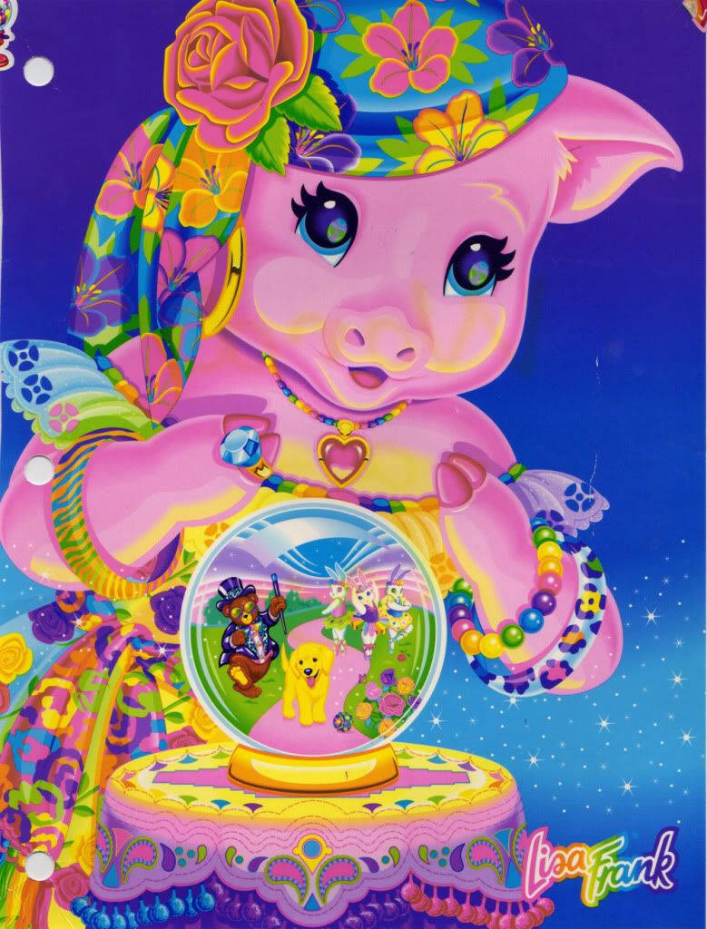 Pig 桌布 壁紙 — 一隻戴著花卉頭飾的鮮豔卡通豬，在繁星點點的紫色天空下，拿著一個裡面有動物的雪球。