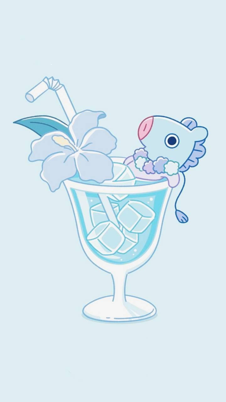 卡通老鼠在藍色飲料中，有冰塊和花朵裝飾。 — BT21 GIF 壁紙