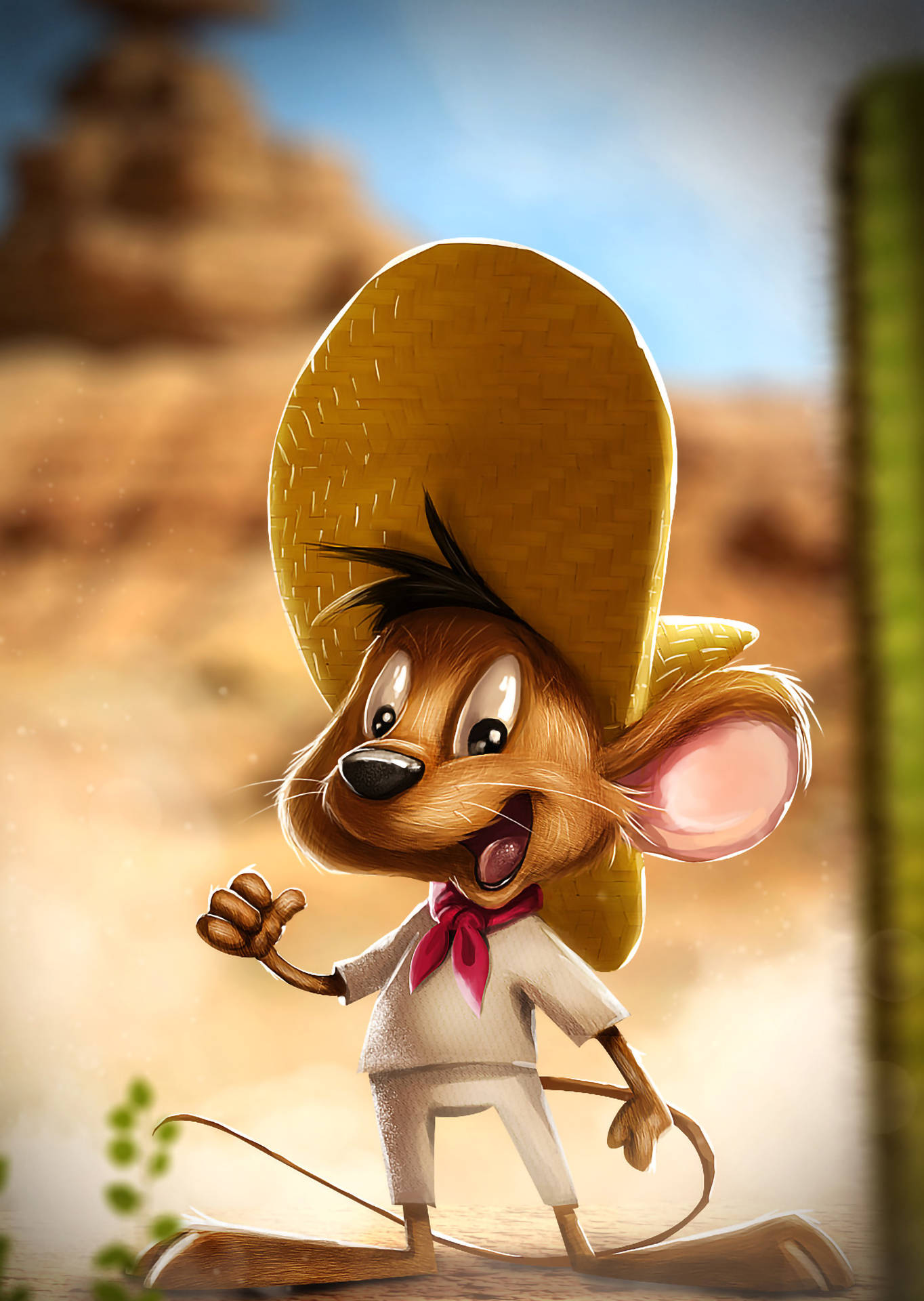 Speedy Gonzales 桌布 壁紙 — 一隻戴著草帽、穿著白色衣服的快樂卡通老鼠，在陽光明媚的沙漠景觀中愉快地揮手。