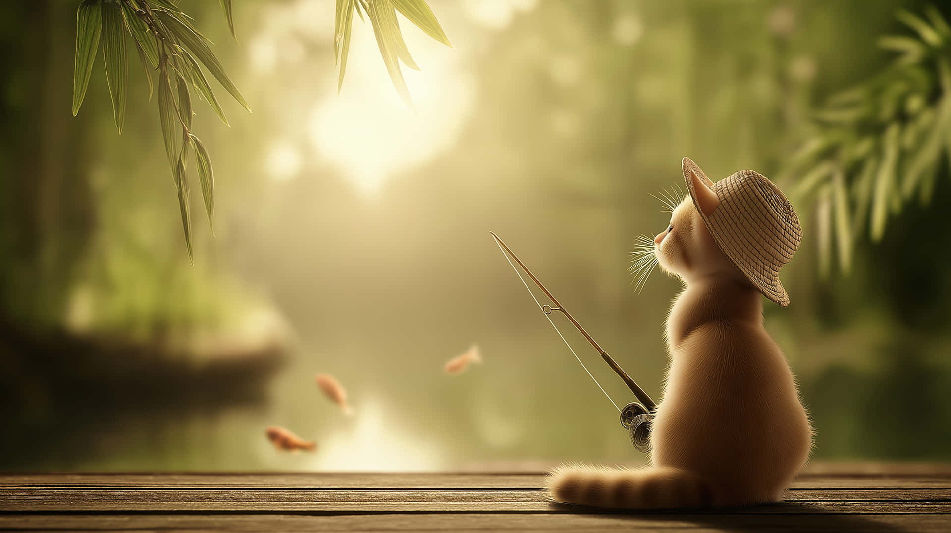 Cute Tabby Kitten in Hat Fishing by Calm Water at Sunset 壁紙 — 一隻戴著草帽的小薑黃色貓咪坐在木碼頭上，手持釣魚竿，上方竹葉間的金色陽光透過縫隙灑落。