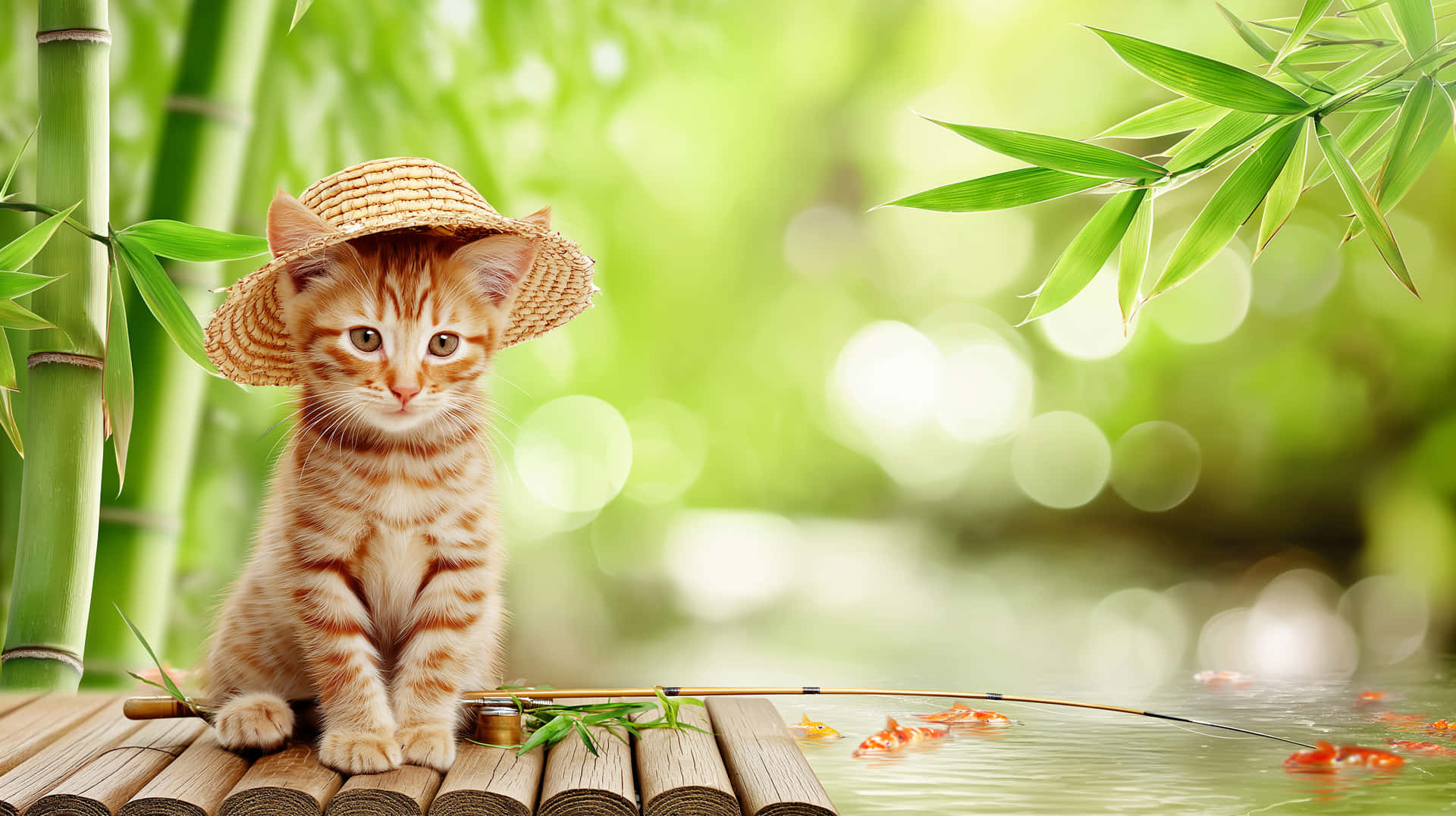 Adorable Tabby Kitten with Straw Hat Fishing by Bamboo 壁紙 — 一隻戴著草帽的細小橙色虎斑貓坐在竹橋上，在翠綠竹林環繞的池塘上拿著魚竿。