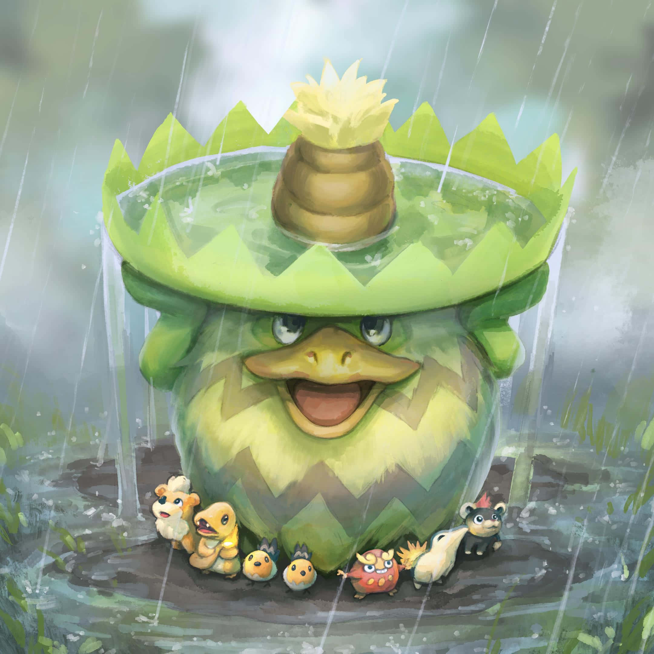 小火龍 桌布 壁紙 — 一隻戴著葉帽、快樂的卡通青蛙被雨淋濕，站在水坑裡，腳邊圍繞著小寶可夢朋友。